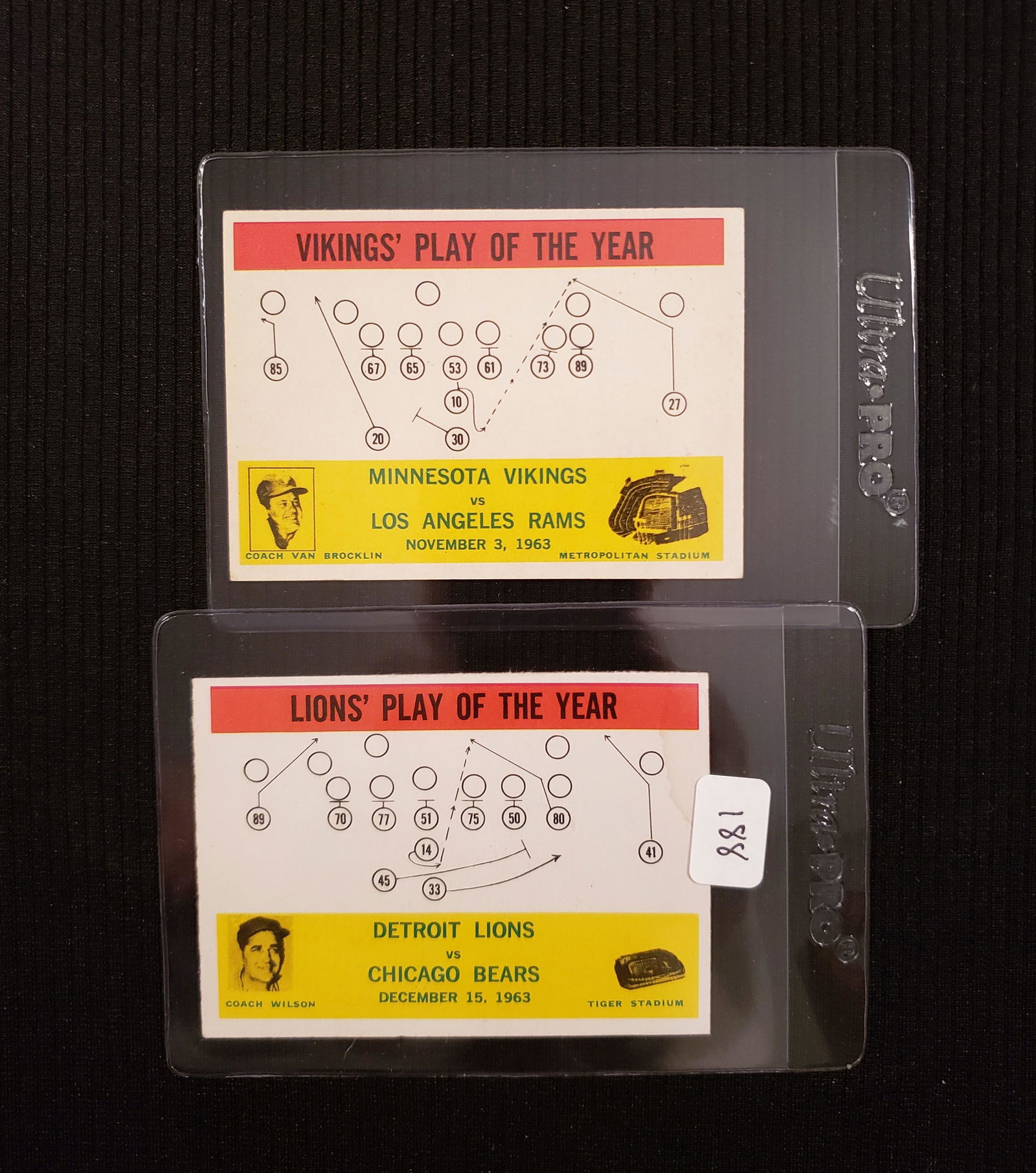 LOT OF 2 1964 PHILADELPHIA GUM FOOTBALL CARDS: COACH VAN BROCKLIN VIKINGS PLAY OF THE YEAR CARD #112 & COACH WILSON LIONS PLAY OF THE YEAR TEAM CARD #70