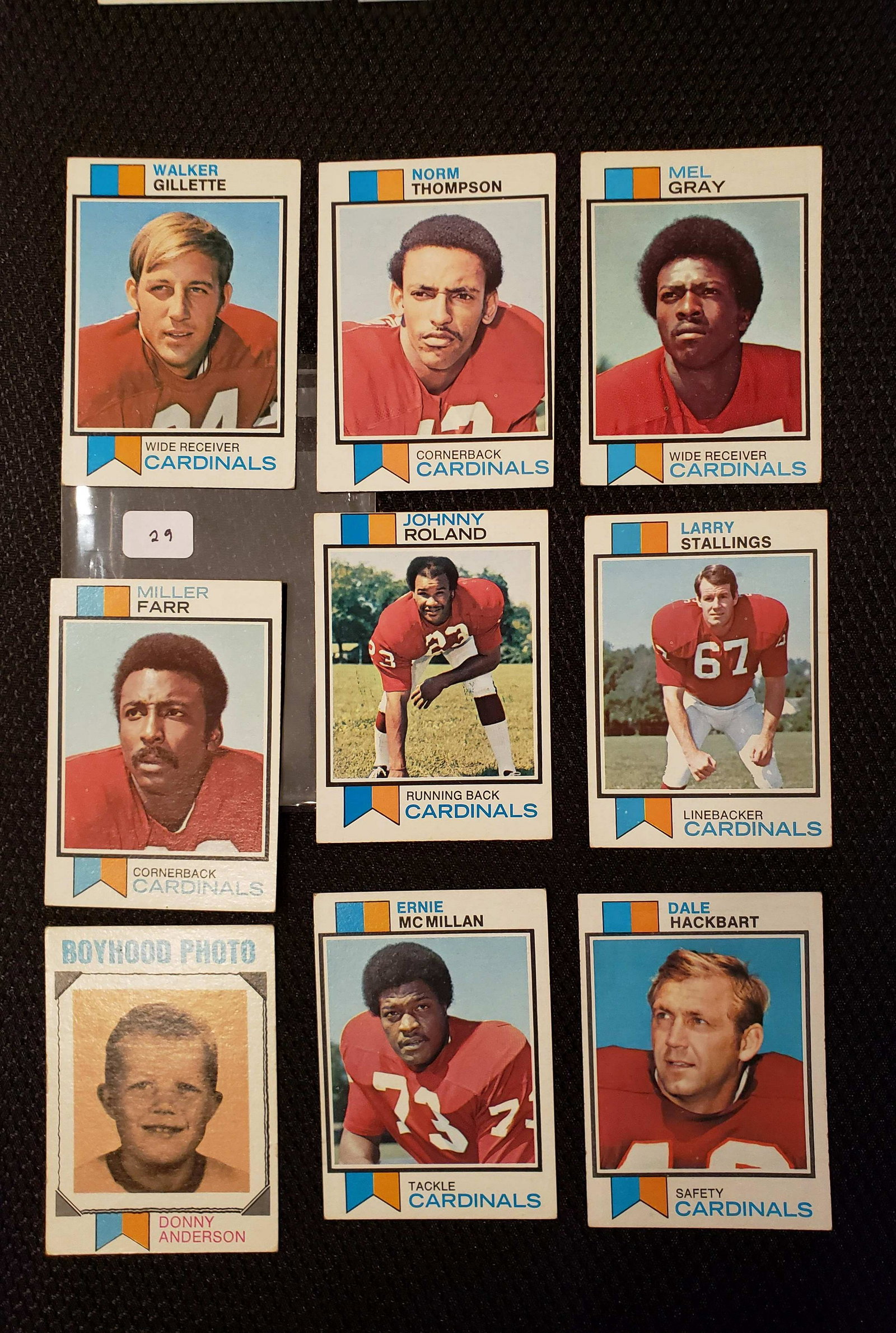 VINTAGE ST. LOUIS CARDINALS FOOTBALL CARDS: LOT OF 9 1973 TOPPS FOOTBALL CARDS MEL GRAY, NORM THOMPSON, LARRY STALLINGS. MILLER FARR