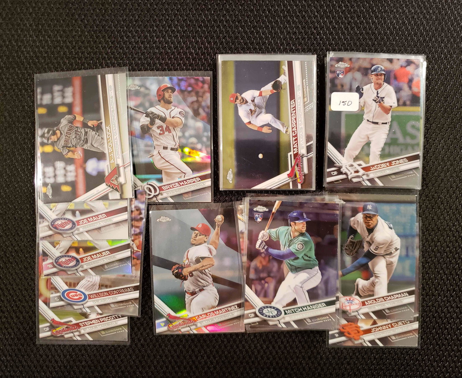 2017 TOPPS CHROME PARTIAL SET W/ PARALLEL REFRACTORS,: 29 DIFFERENT CARDS INCLUDING REFRACTORS, PARALLELS & SPS BRYCE HARPER REFRACTOR, RYAN BRAUN, MITCH HANIGER ROOKIE, JOE MAUER REFRACTOR