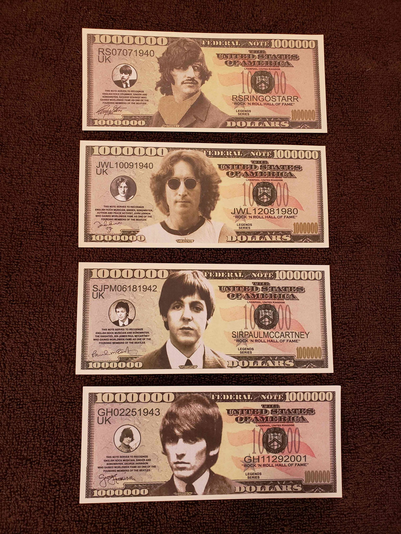 BEATLES FANTASY CURRENCY NOTES: JOHN PAUL GEORGE AND RINGO THE FAB 4 COLLECTOR CURRENCY NOTES