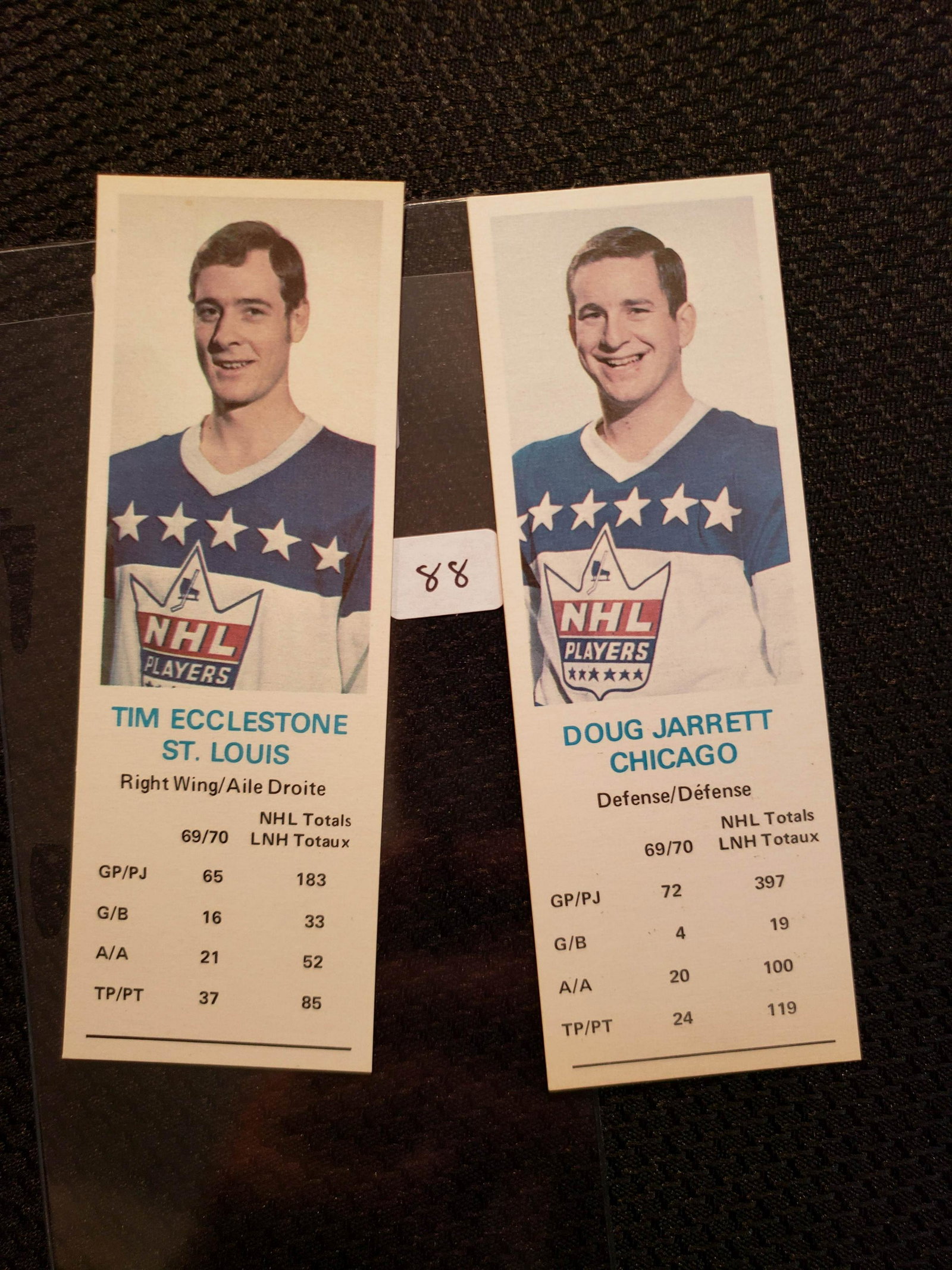 1971 DADS COOKIES NHL HOCKEY INSERT CARDS: TIM ECCLESTONE ST. LOUIS BLUES AND DOUG JARRETT CHICAGO BLACKHAWKS