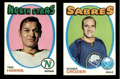 VINTAGE 1971 TOPPS NHL HOCKEY TRADING CARDS: #32 Ted Harris NORTH STARS EX+, #36 Roger Crozier BUFFALO SABRES