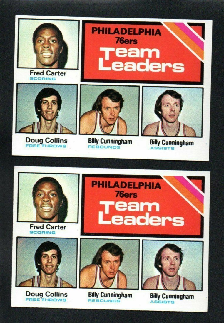 1970'S NBA BASKETBALL CARDS 76ERS LOT: 1975-76 TOPPS #129 DOUG COLLINS FRED CARTER BILLY CUNNINGHAM PHILA 76ERS TEAM LEADERS