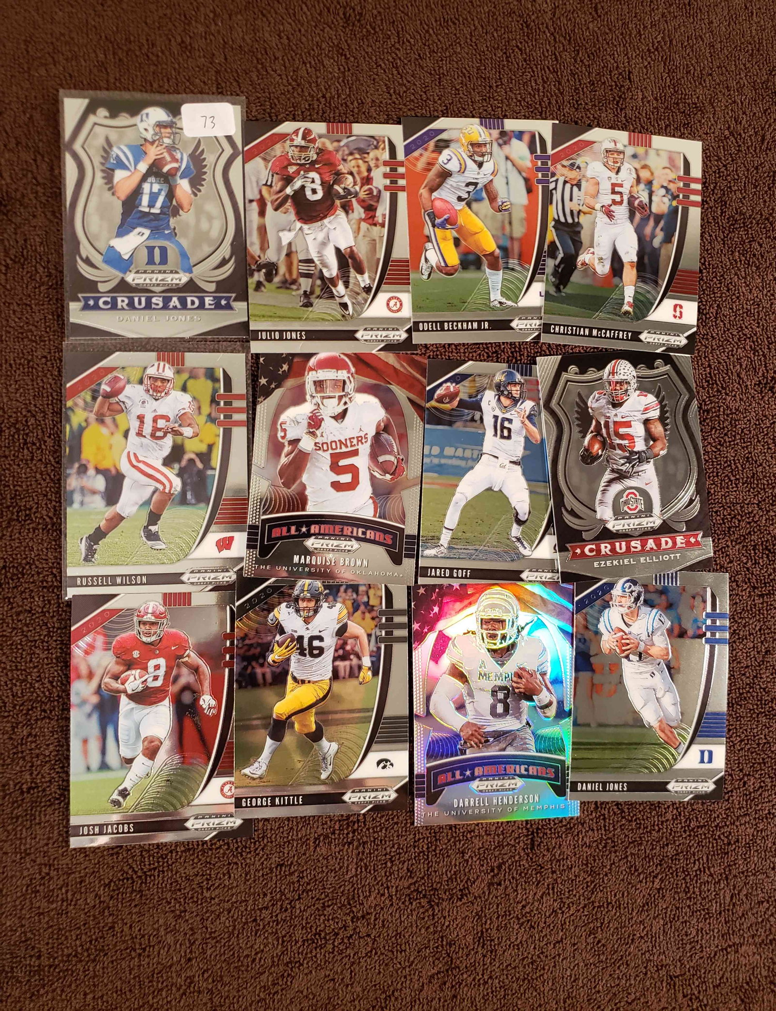 2020 PRIZM DRAFT PICKS FOOTBALL CARDS: LOT OF 15 PRIZM DRAFT PICKS DANIEL JONES CRUSADE, RUSSELL WILSON, JOSH JACOBS, ODELL BECKHAM JR., ZEKE ELLIOTT