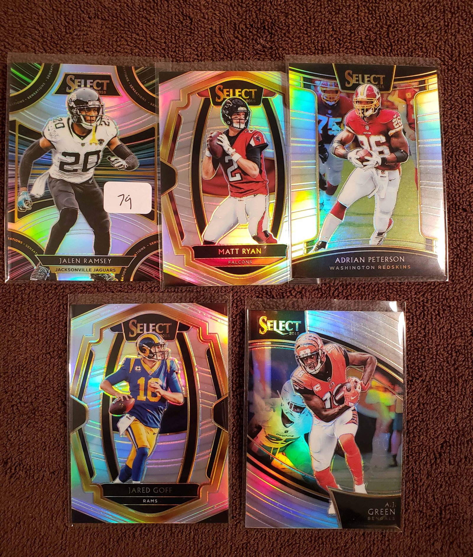 2018 AND 2019 PANINI SELECT FOOTBALL SILVER PRIZM SPS: JALEN RAMSEY, MATT RYAN, ADRIAN PETERSON, AJ GREEN, JARED GOFF