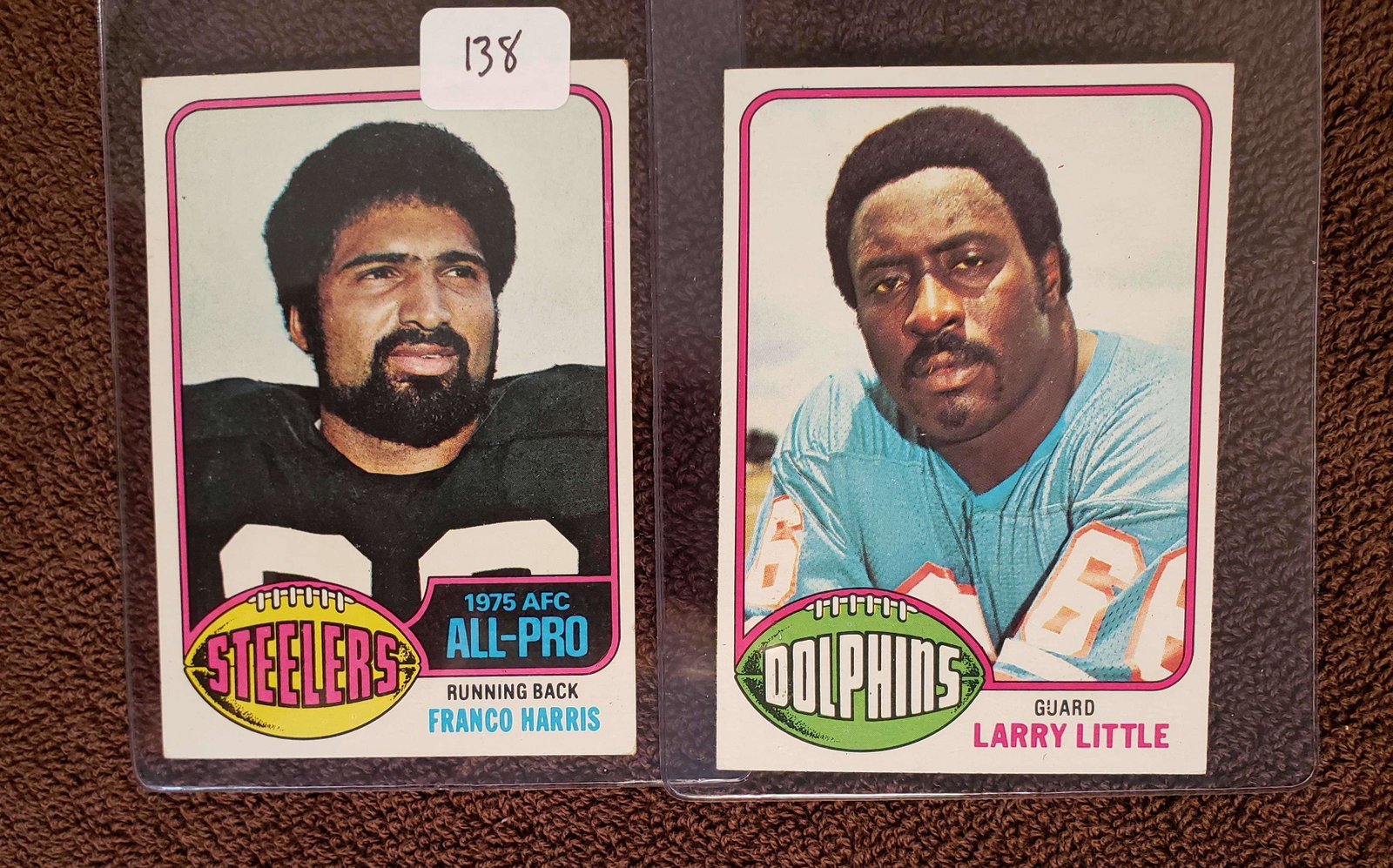 VINTAGE OAKLAND RAIDERS HALL OF FAMERS FOOTBALL CARDS: 1976 TOPPS #100 FRANCO HARRIS PITTSBURGH STEELERS HOF, #33 LARRY LITLE MIAMI DOLPHINS HOF