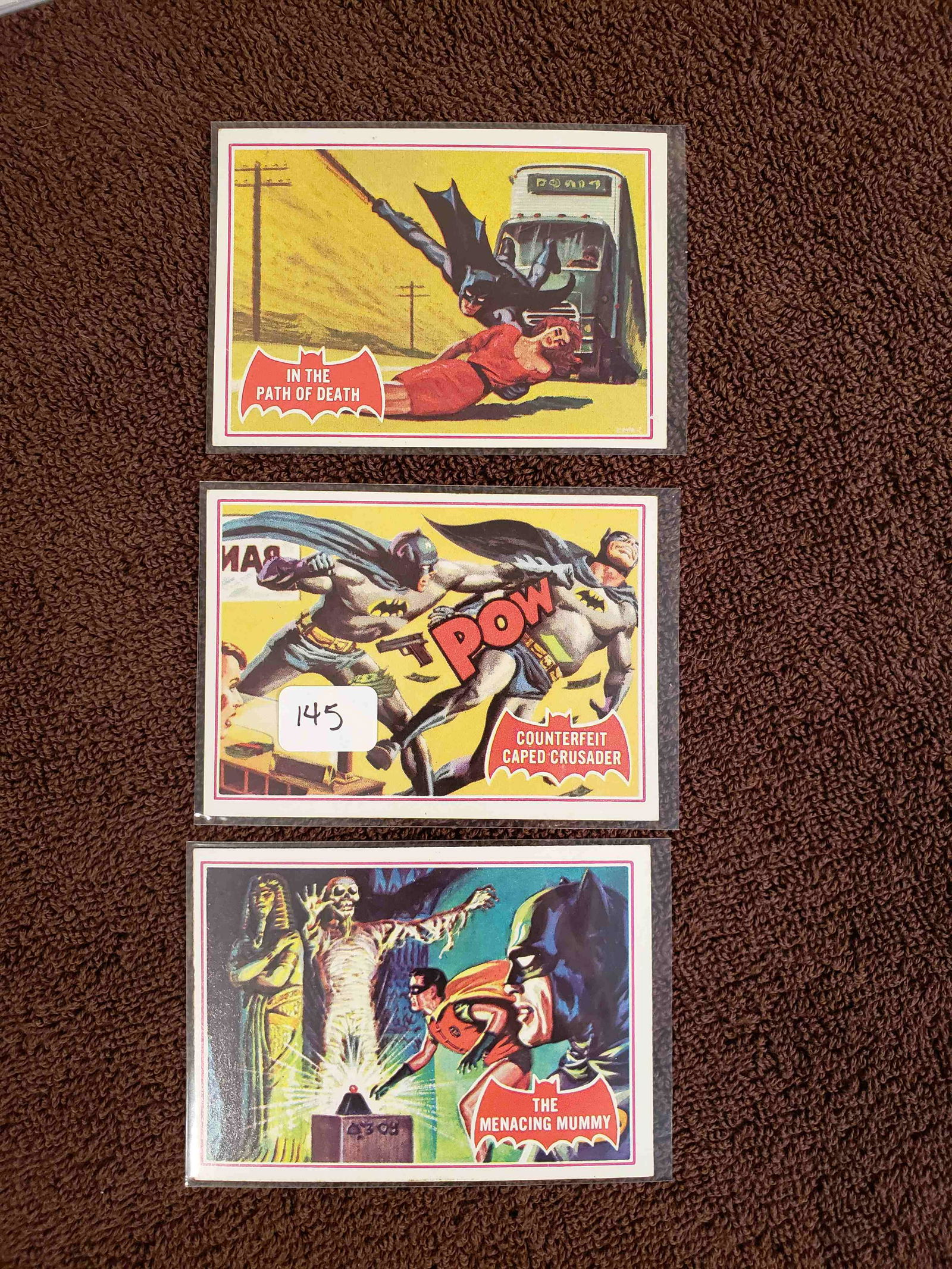 1966 BATMAN RED BAT CARDS #38A PATH OF DEATH, #3A, #42A: 1966 Topps Batman Red Bat 44 CARD SET, Also referred to as Batman Series A, the 1966 Topps Batman Red Bat cards feature color drawings of scenes in which Batman and Robin fight evil foes.