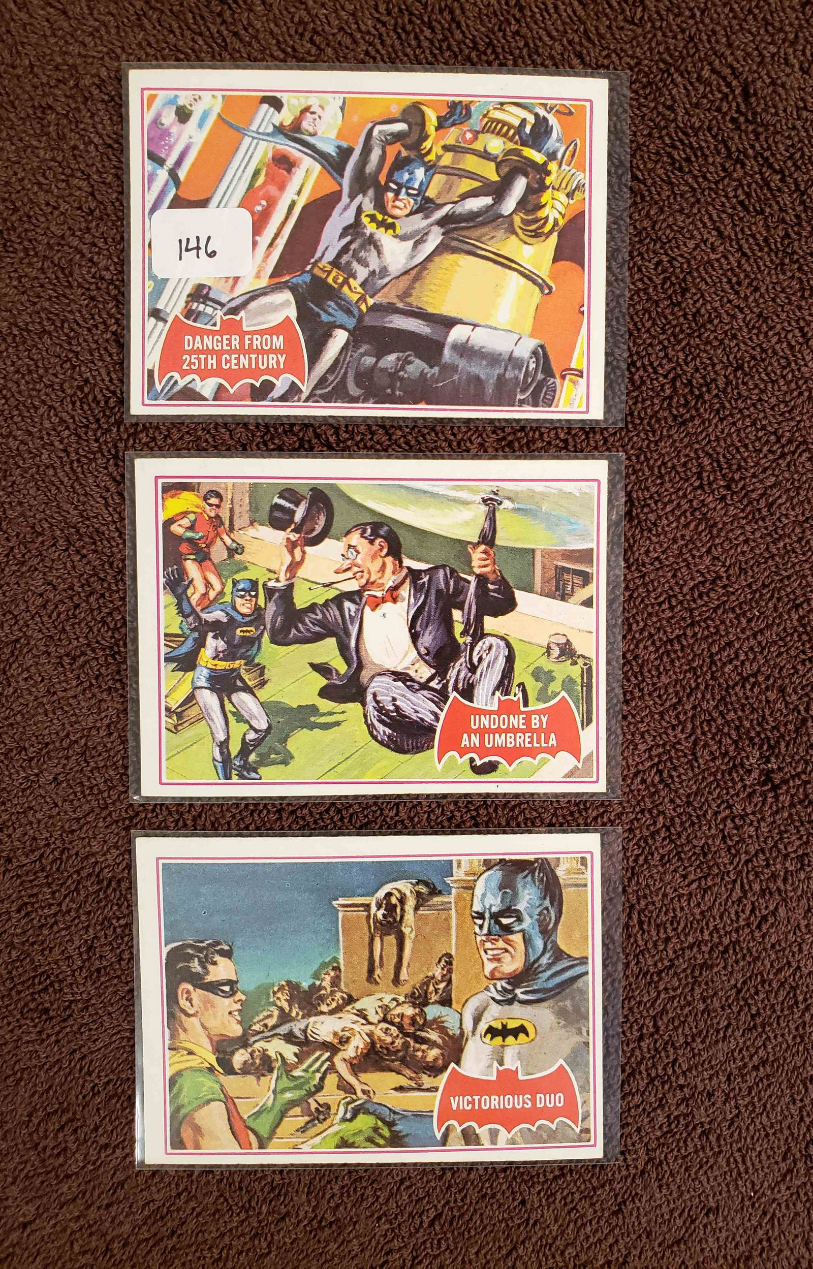 1966 BATMAN RED BAT CARDS #28A VICTORIOUS DUO, #29A,: 1966 Topps Batman Red Bat 44 CARD SET, Also referred to as Batman Series A, the 1966 Topps Batman Red Bat cards feature color drawings of scenes in which Batman and Robin fight evil foes.