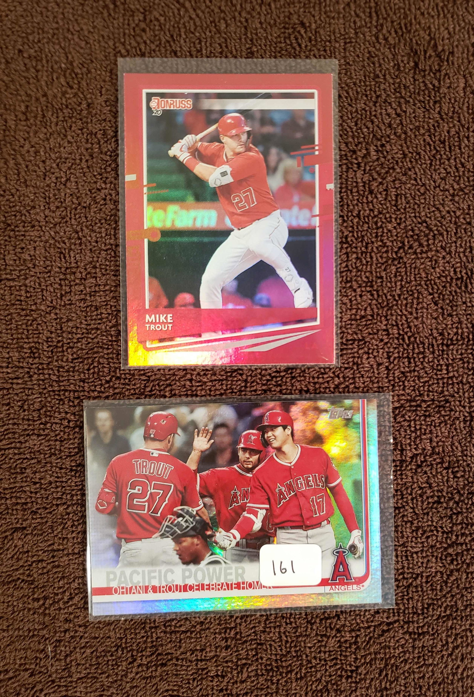 LOT OF 2 MIKE TROUT HOLO FOIL/RED FOIL SHORT PRINTS: 2019 TOPPS PACIFIC POWER W/OHTANI, 2020 DONRUSS RED FOIL PARALLEL