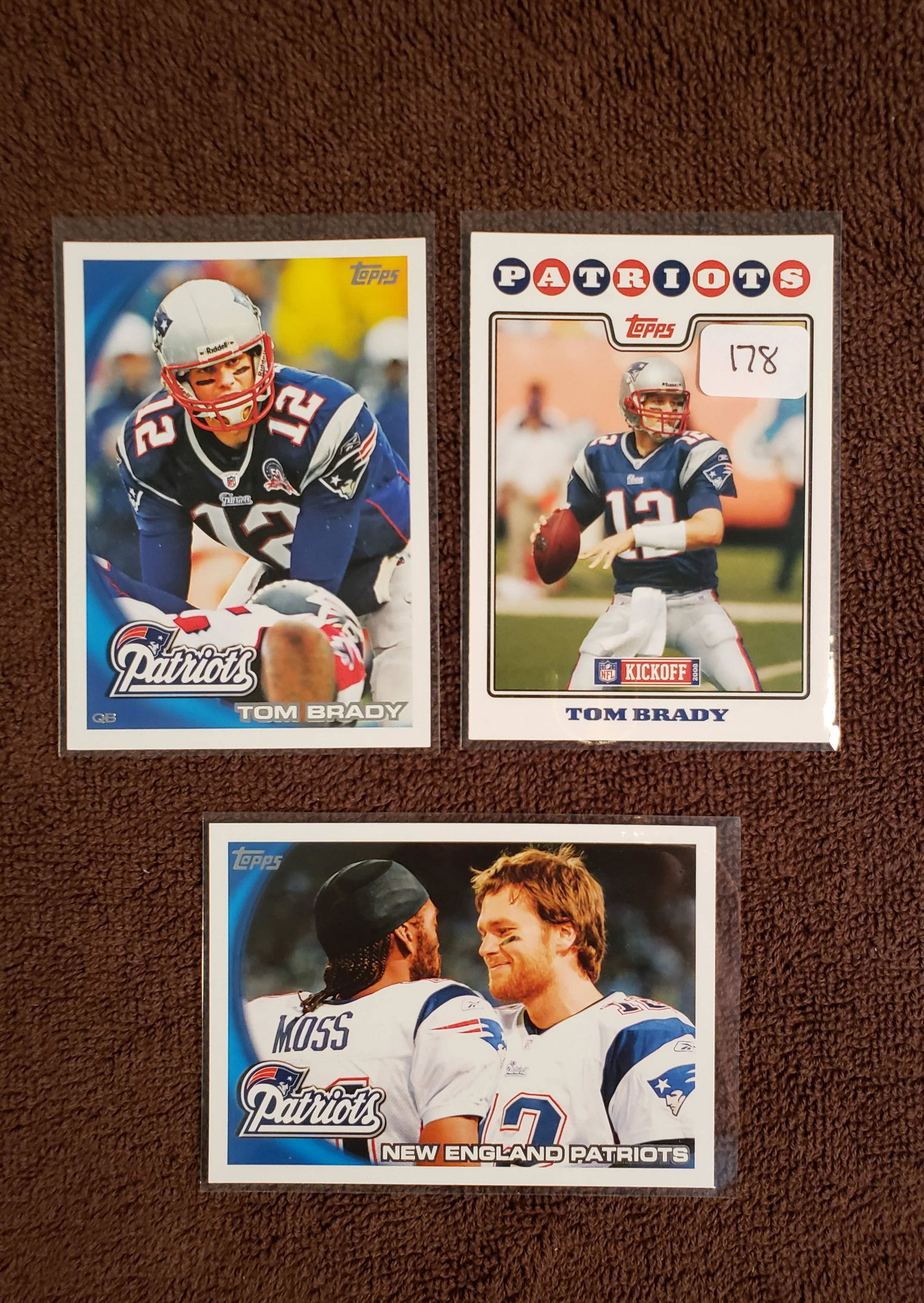 LOT OF 3 TOPPS FOOTBALL TOM BRADY CARDS: 2008 TOPPS #111 TOM BRADY, 2010 TOPPS #30 AND 2010 TOPPS #347 PATRIOTS TEAM CARD WITH RANDY MOSS
