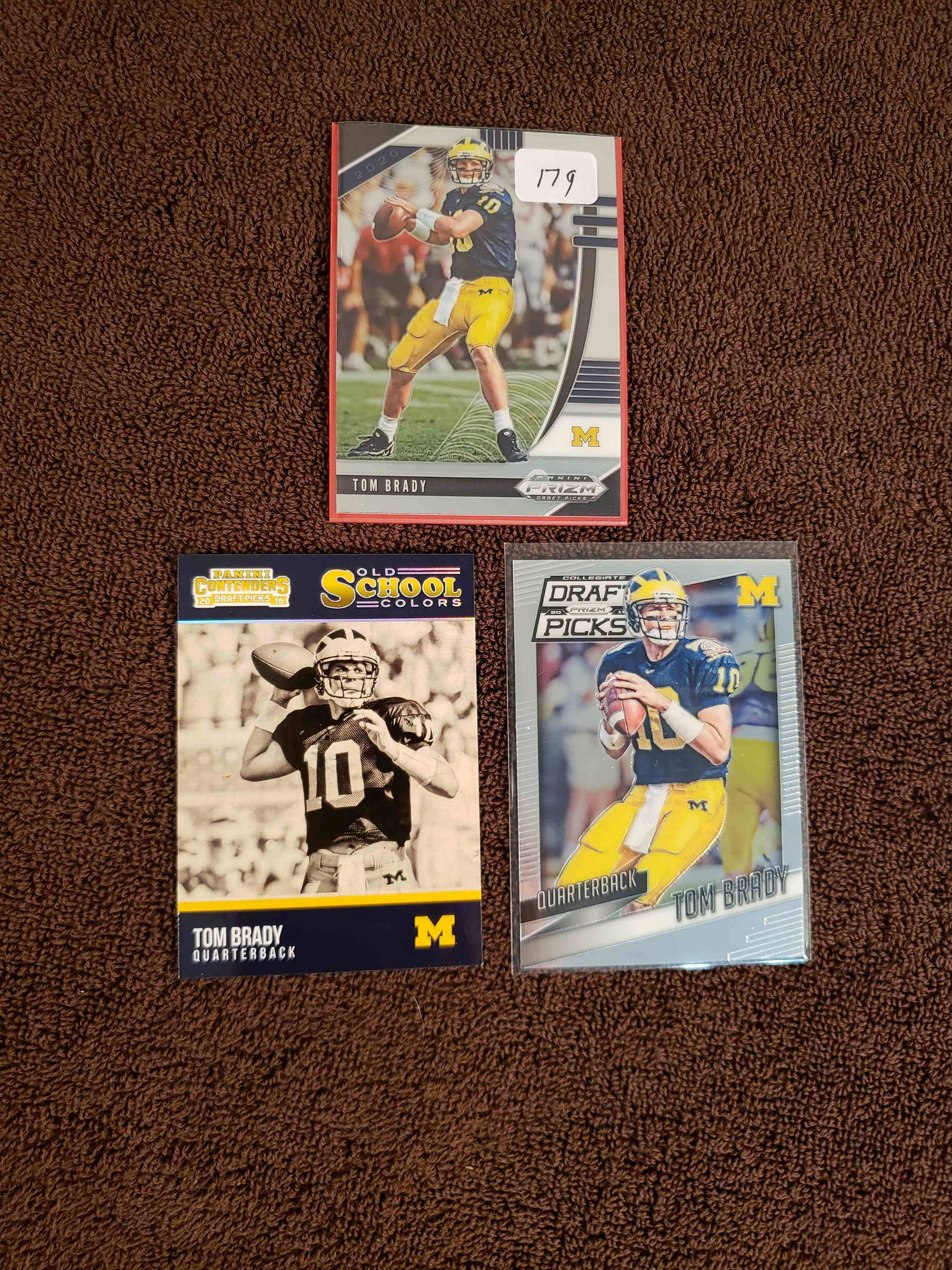 LOT OF 3 PANINI DRAFT PICKS TOM BRADY UNIV. OF MICH: 2015 AND 2020 PRIZM DRAFT PICKS, 2016 PANINI CONTENDERS OLD SCHOOL COLORS INSERT CARD