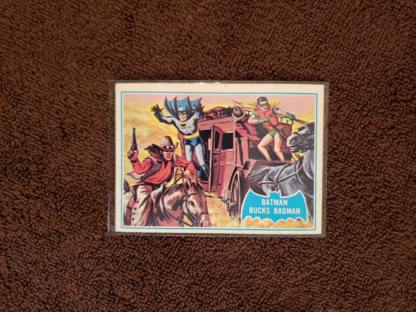 VINTAGE 1966 BATMAN "BLUE BAT" SERIES CARD: BATMAN BUCKS BADMAN ANOTHER NICE EX CARD FROM THE TOUGHER BLUE BAT SERIES. ONE OF 6 BATMAN ISSUES IN '66