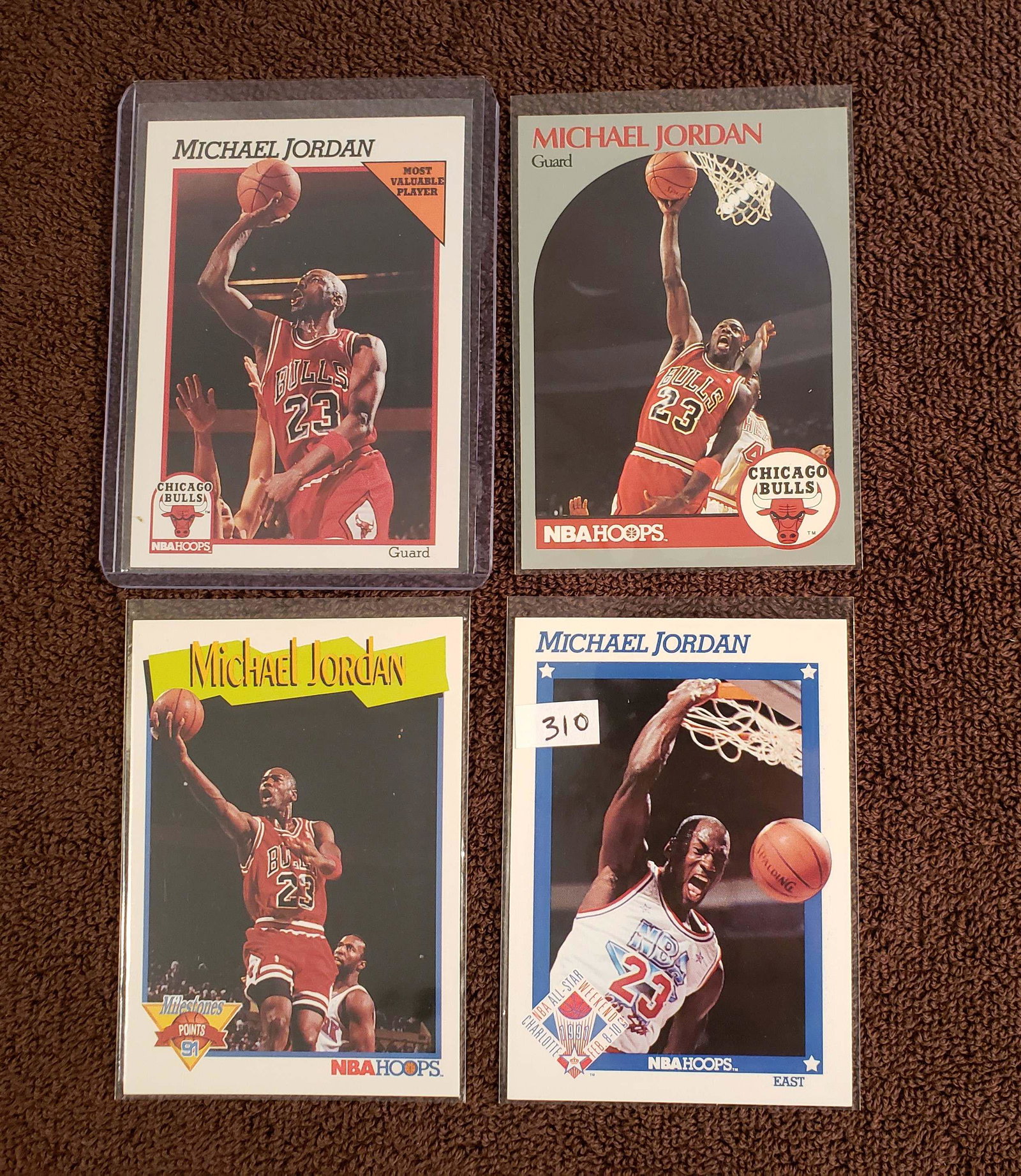 LOT OF 4 NBA HOOPS MICHAEL JORDAN CARDS: 1991-92 HOOPS MVP, 1990-91 HOOPS #65, 1991 ALL STAR, 1991 MILESTONES