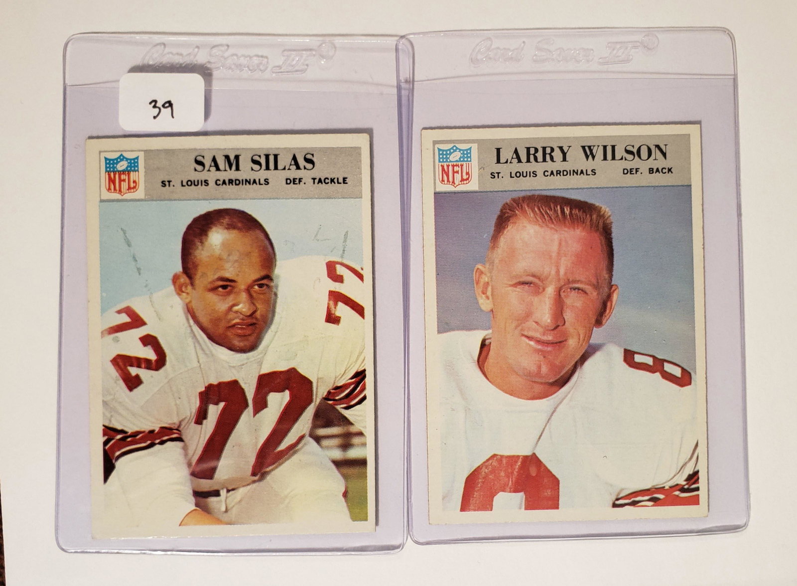 LOT OF 2 VINTAGE ST. LOUIS CARDS FOOTBALL CARDS: 1966 Philadelphia #168 Larry Wilson, #166 Sam Silas EXMT