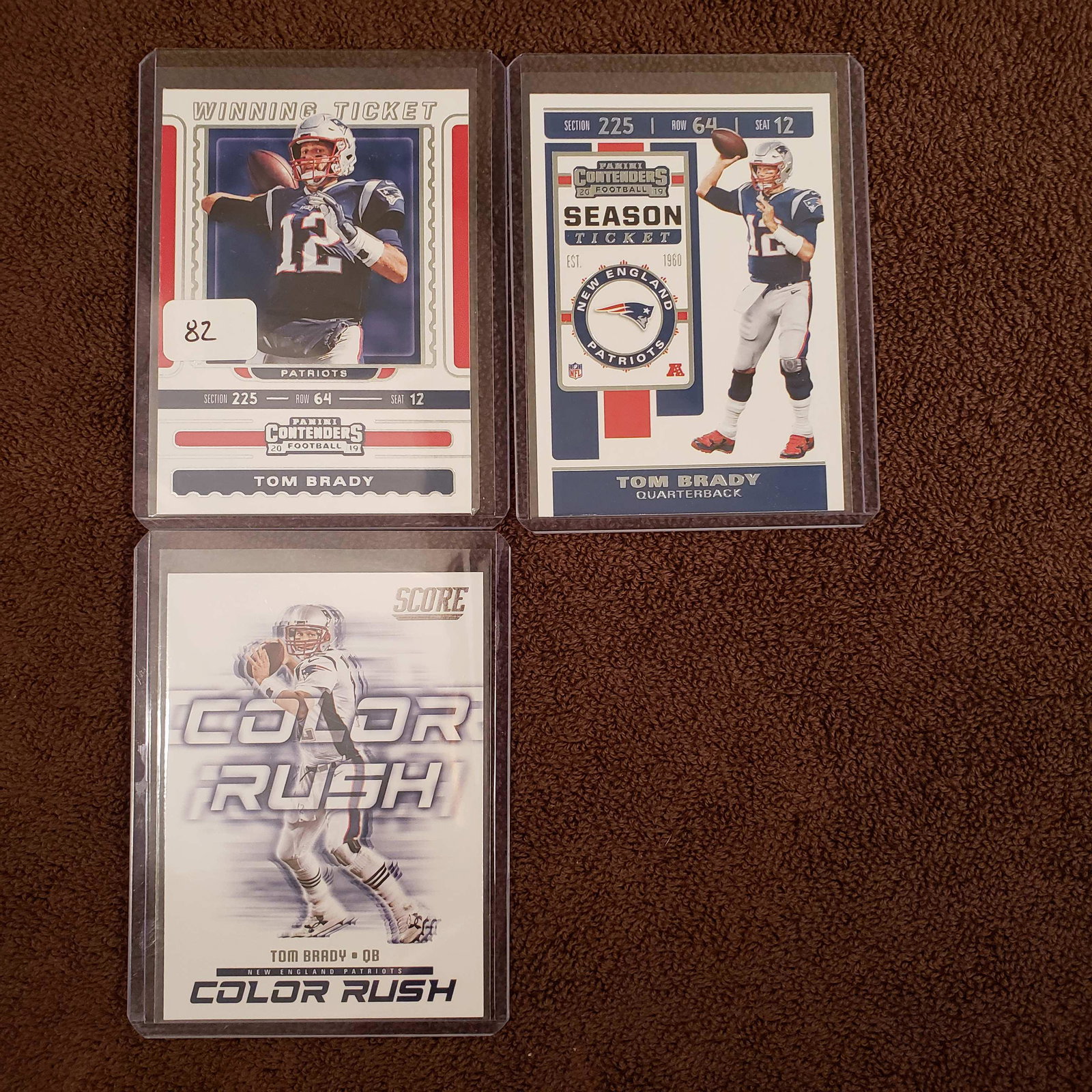 LOT OF 3 TOM BRADY NEW ENGLAND PATRIOTS CARDS: 2019 CONTENDERS WINNINGTICKET& SEASON TICKET, 2018 SCORE COLOR RUSH INSERT