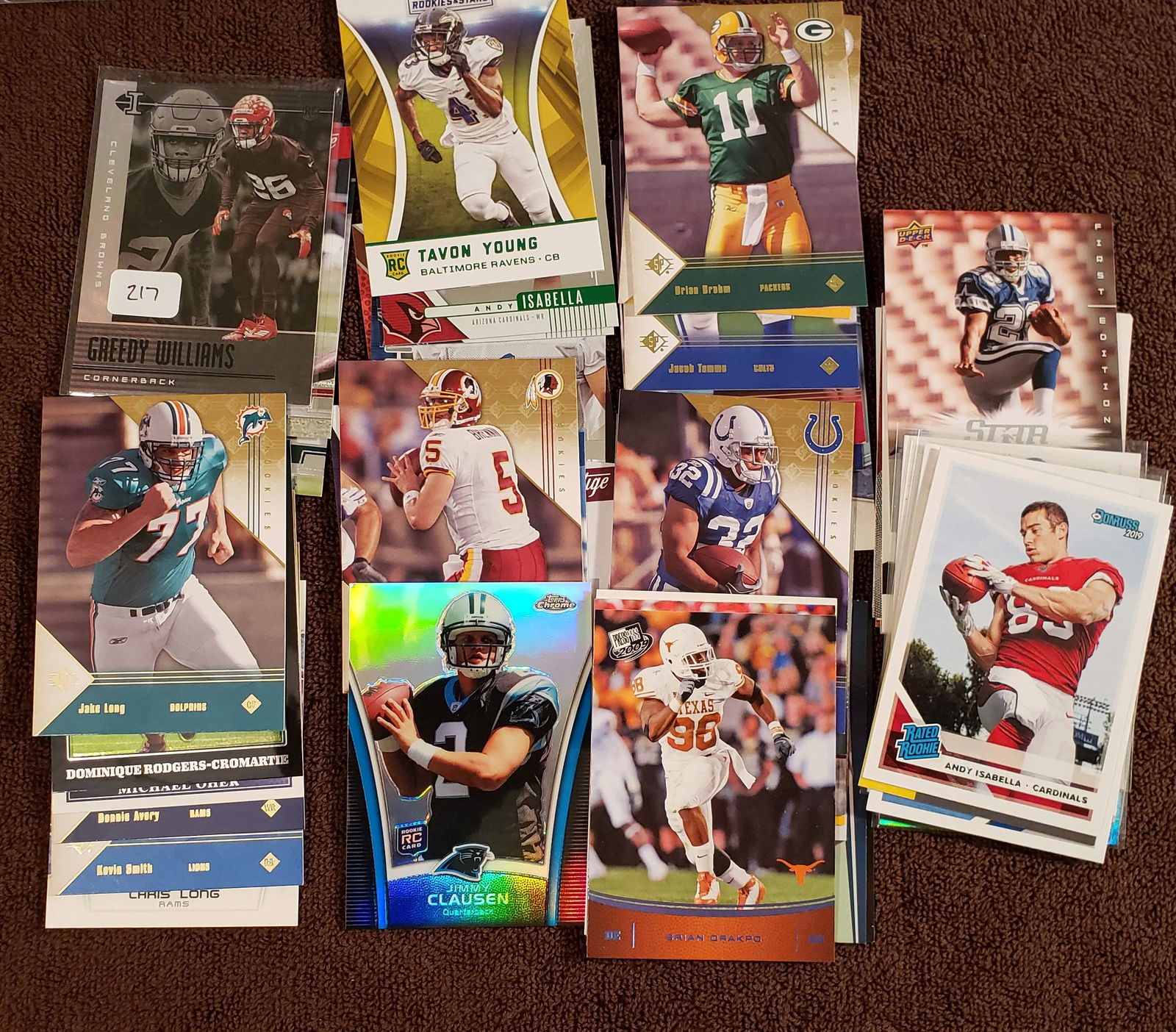 LOT OF 50 NFL FOOTBALL ROOKIE CARDS: GREEDY WILLIAMS, JAKE LONG, MICHAEL OHER, JIMMY CLAUSEN, CHRIS LONG