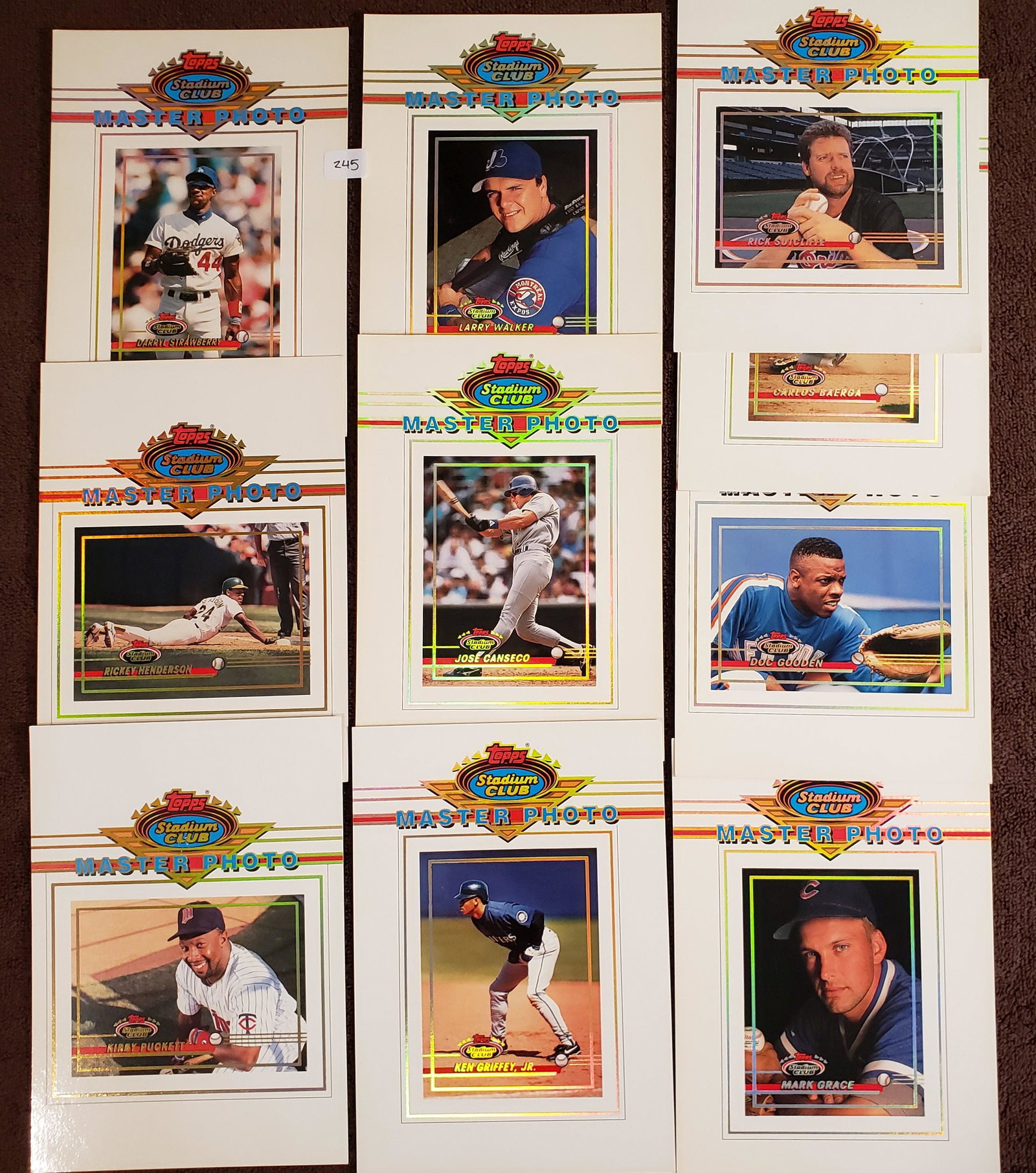 1993 TOPPS STADIUM CLUB 5x7 MASTER PHOTOS: (10) 1993 STADIUM CLUB MAIL ORDER MASTER PHOTOS KIRBY PUCKET, GRIFFEY JR, LARRY WALKER HOF, RICKEY HENDERSON, CANSECO, STRRAWBERRY