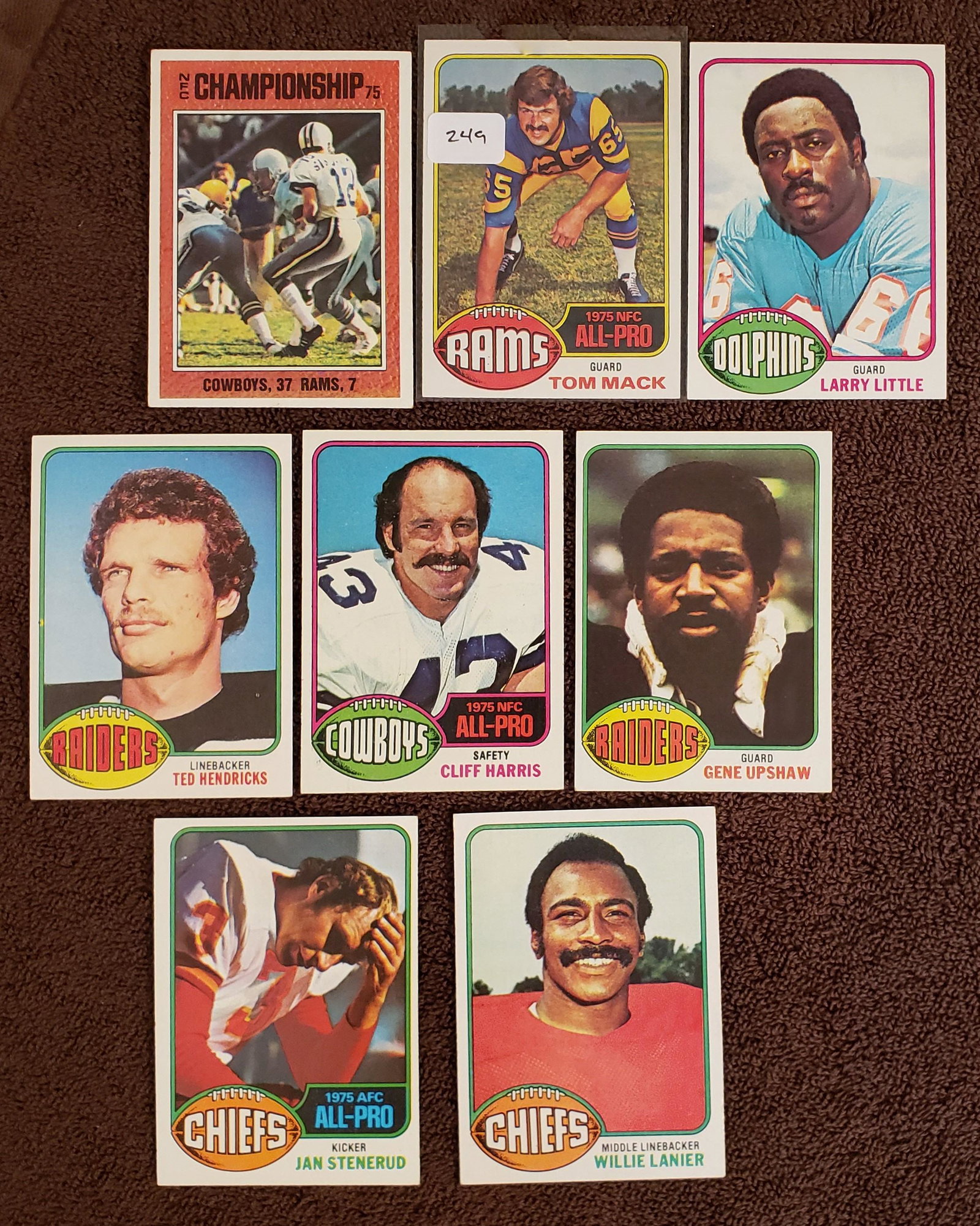1976 TOPPS FOOTBALL LEGENDS AND HALL OF FAMERS: LOT OF 8 NFL ICONS AND HOFERS WILLIE LANIER, GENE UPSHAW, CLIFF HARRIS, TED HENDRICKS, COWBOYS NFC IN ACTION, LARRY LITTLE, TOM MACK, JAN STENERUD