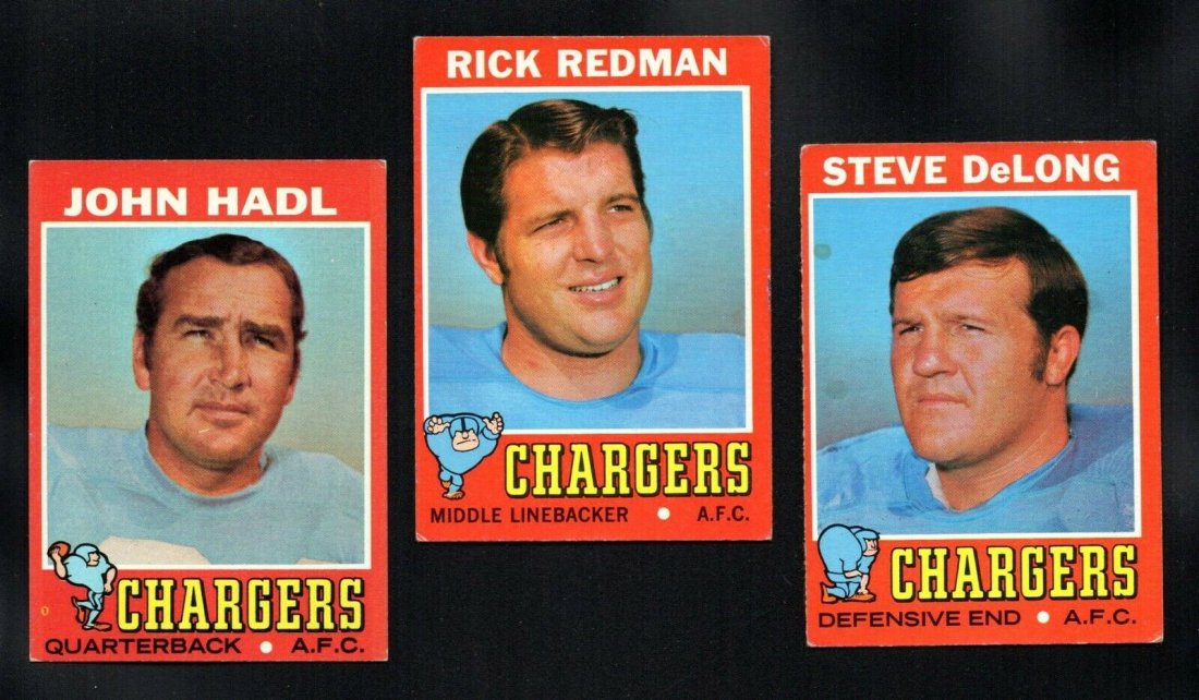 VINTAGE SAN DIEGO CHARGERS FOOTBALL CARDS: 1971 TOPPS FOOTBALL SAN DIEGO CHARGERS LOT #255 42 92 #255 JOHN HADL #42 RICK REDMAN #92 STEVE DELONG VGEX