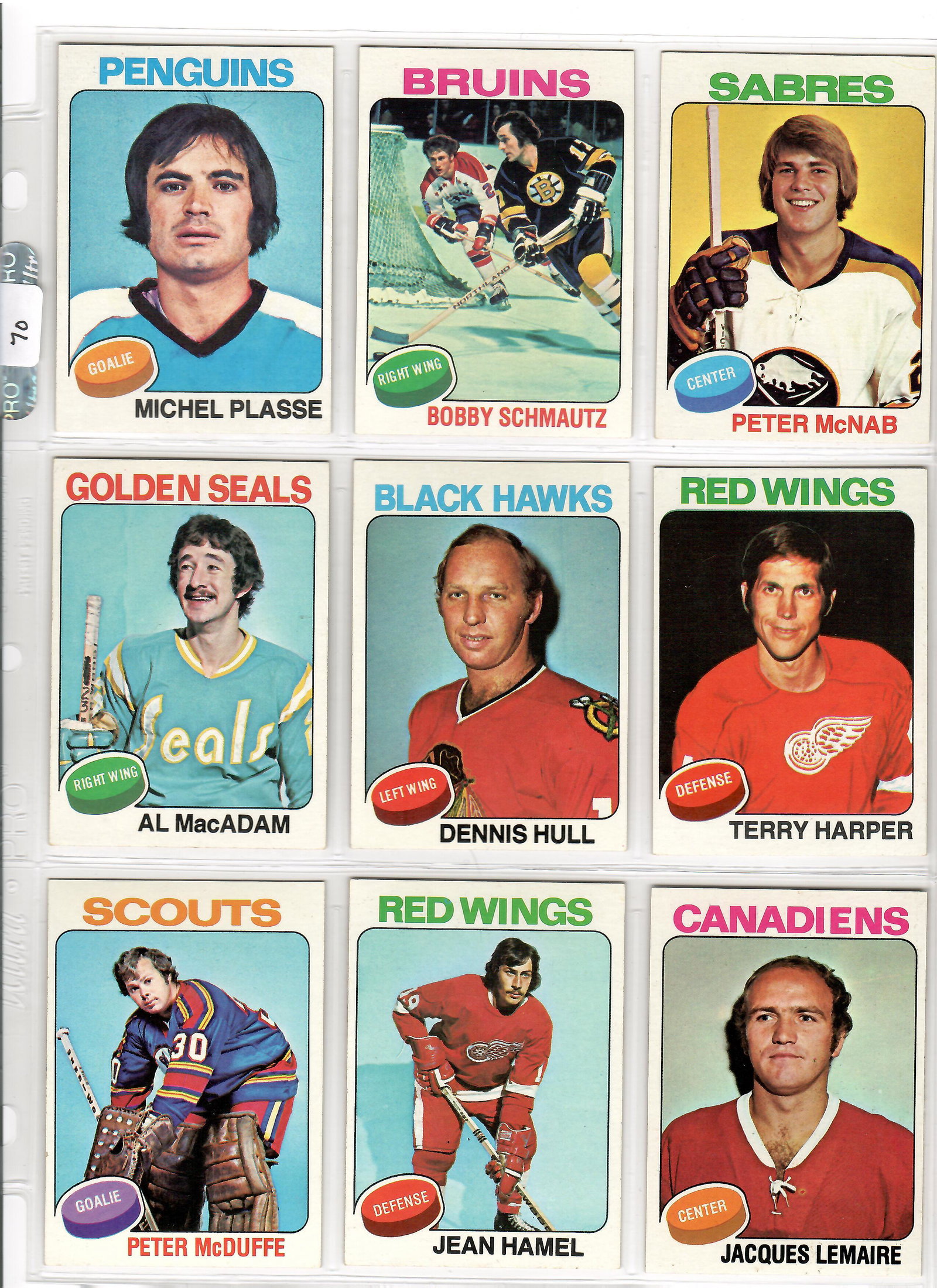 HIGHER GRADE 1975 TOPPS NHL HOCKEY CARDS: LOT OF 9 DIFFERENT NM-MT CARDS WITH DENNIS HULL, TERRY HARPER, JACQUES LEMAIRE