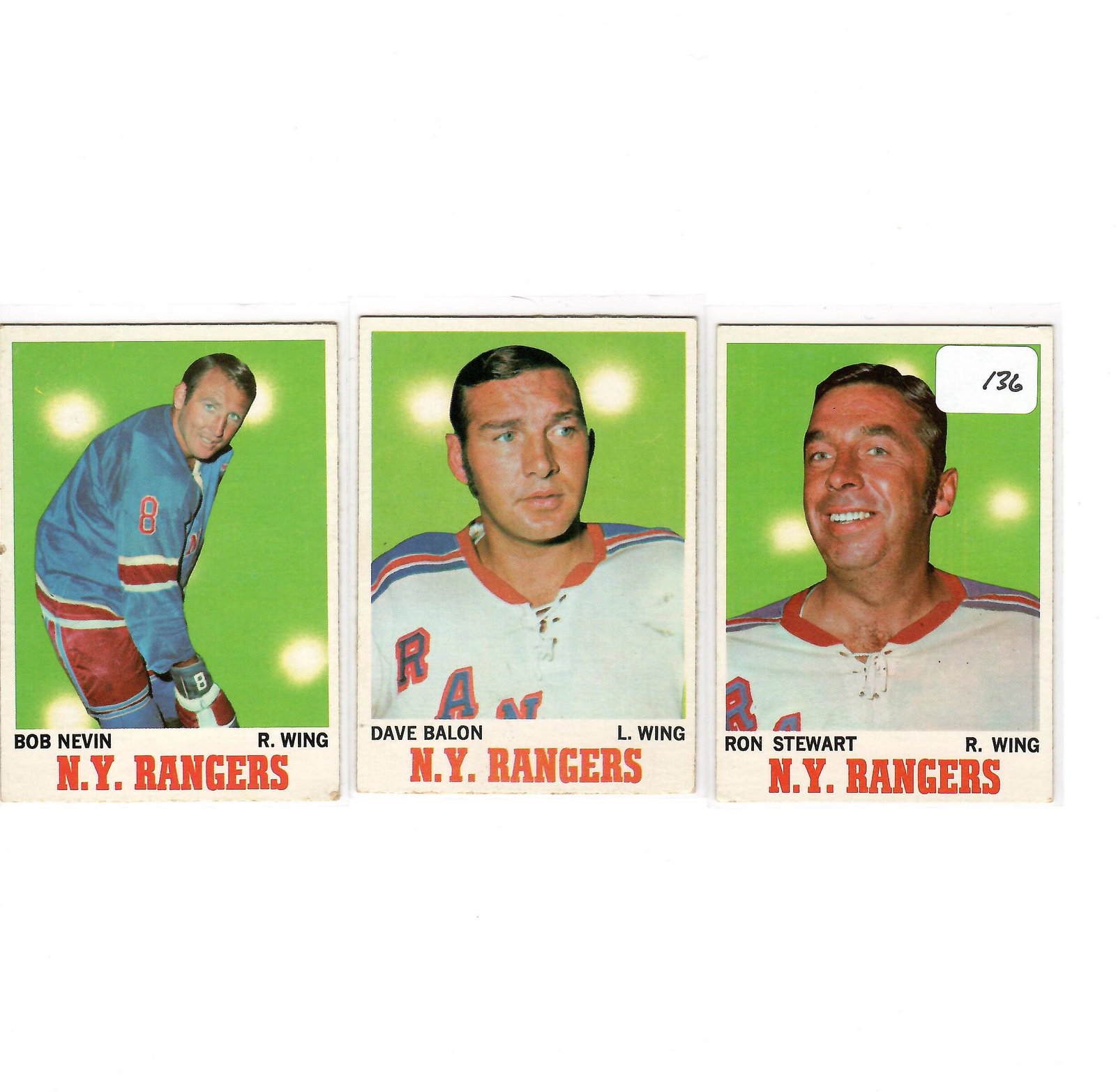 LOT OF 3 HIGH GRADE VINTAGE TOPPS HOCKEY CARDS: 1970-71 TOPPS HOCKEY RON STEWART, DAVE BALON, BOB NEVIN NEW YORK RANGERS
