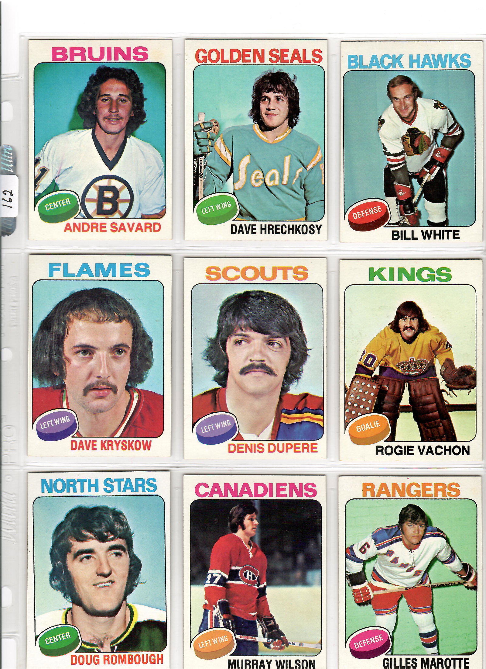 HIGHER GRADE 1975 TOPPS NHL HOCKEY CARDS: LOT OF 9 DIFFERENT NM-MT CARDS WITH BILL WHITE, GILLES MAROTTE, MURRAY WILSON