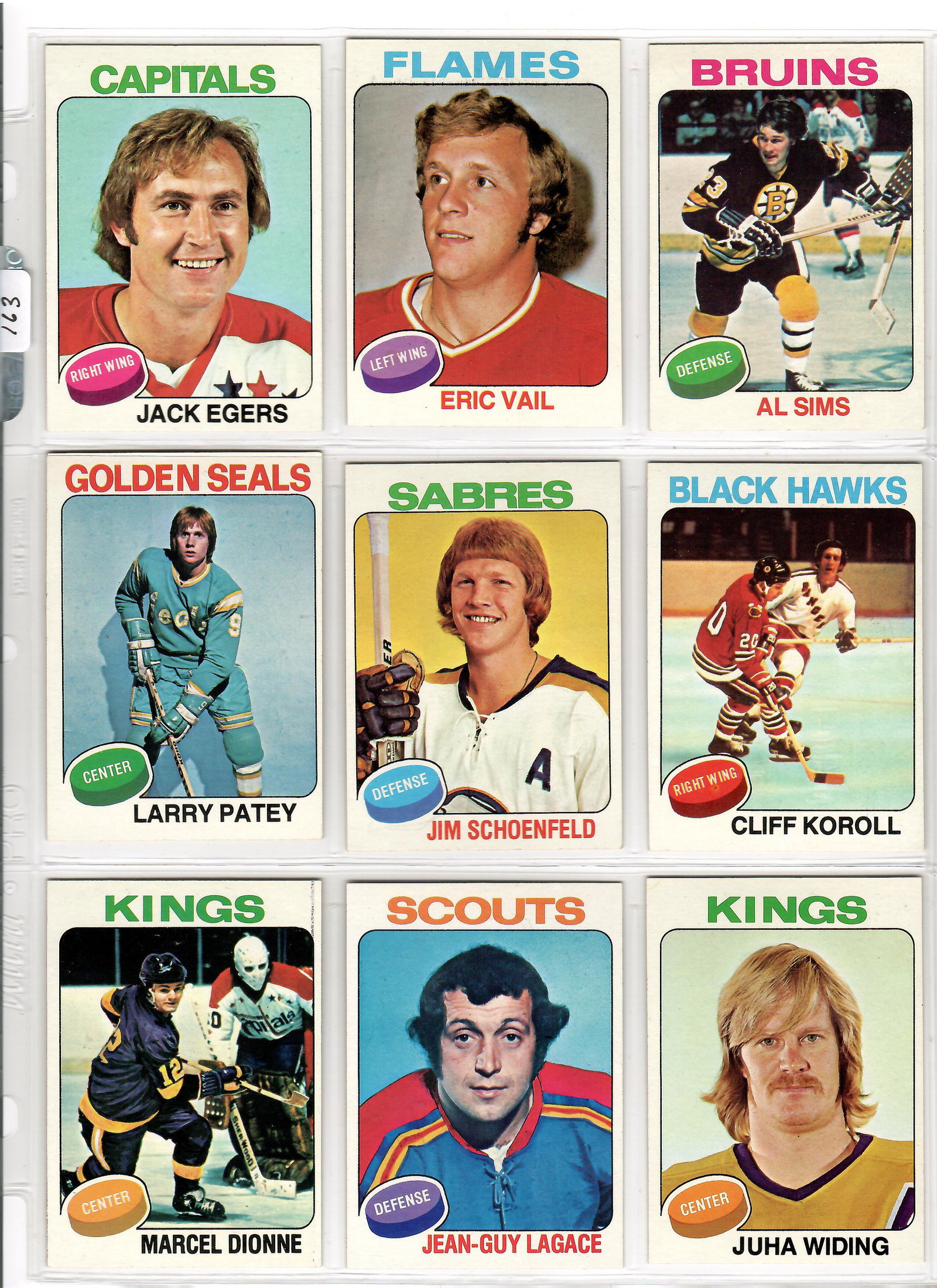 HIGHER GRADE 1975 TOPPS NHL HOCKEY CARDS: LOT OF 9 DIFFERENT NM-MT CARDS WITH MARCEL DIONNE, JUHA WIDING