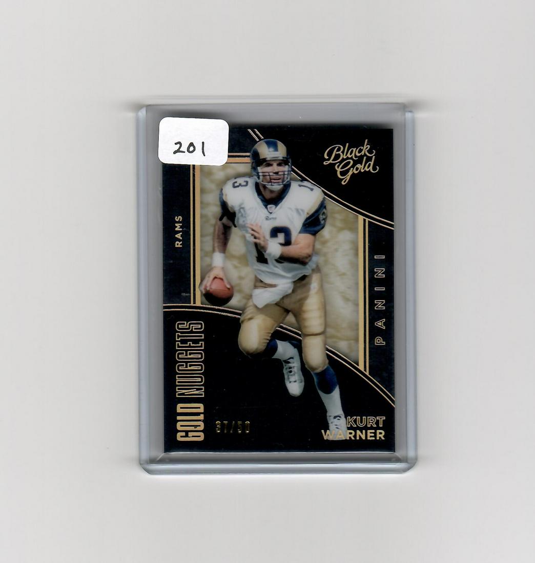 KURT WARNER BLACK GOLD 37/50 SHADOW BOX: 2018 PANINI BLACK GOLD THICK 180 PT CARD
