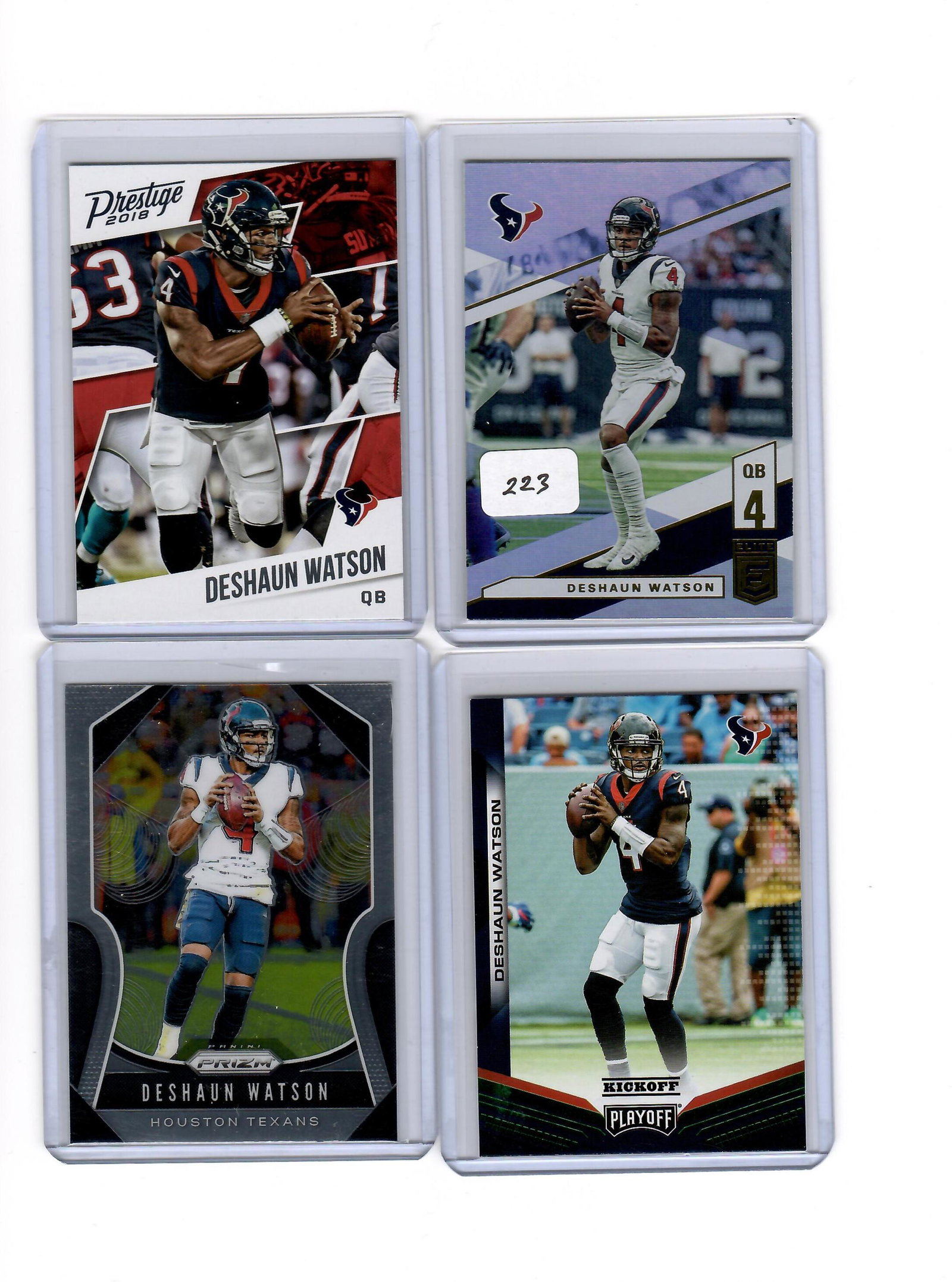 LOT OF 4 DESHAUN WATSON HOUSTON TEXANS CARDS: 2018 PRESTIGE, 2019 ELITE, 2019 PLAYOFF GREEN FOIL SP, 2019 PANINI PRIZM