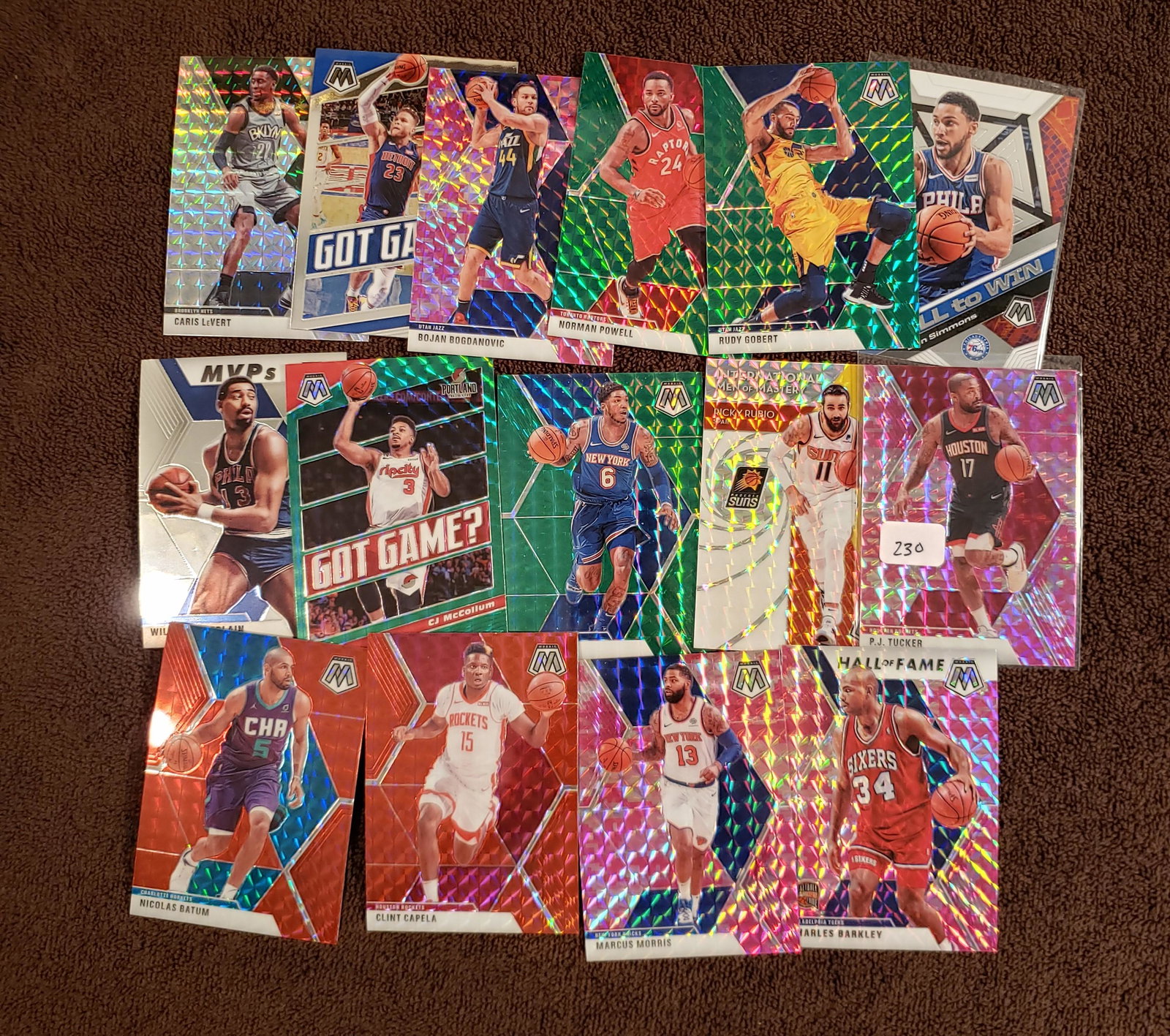 LOT OF 15 PANINI MOSAIC BASKETBALL INSERTS HALL OF: BEN SIMMONS WILL TO WIN, RUDY GOBERT GREEN PRIZM, CJ MCCULLOM, WILT CHAMBERLAIN
