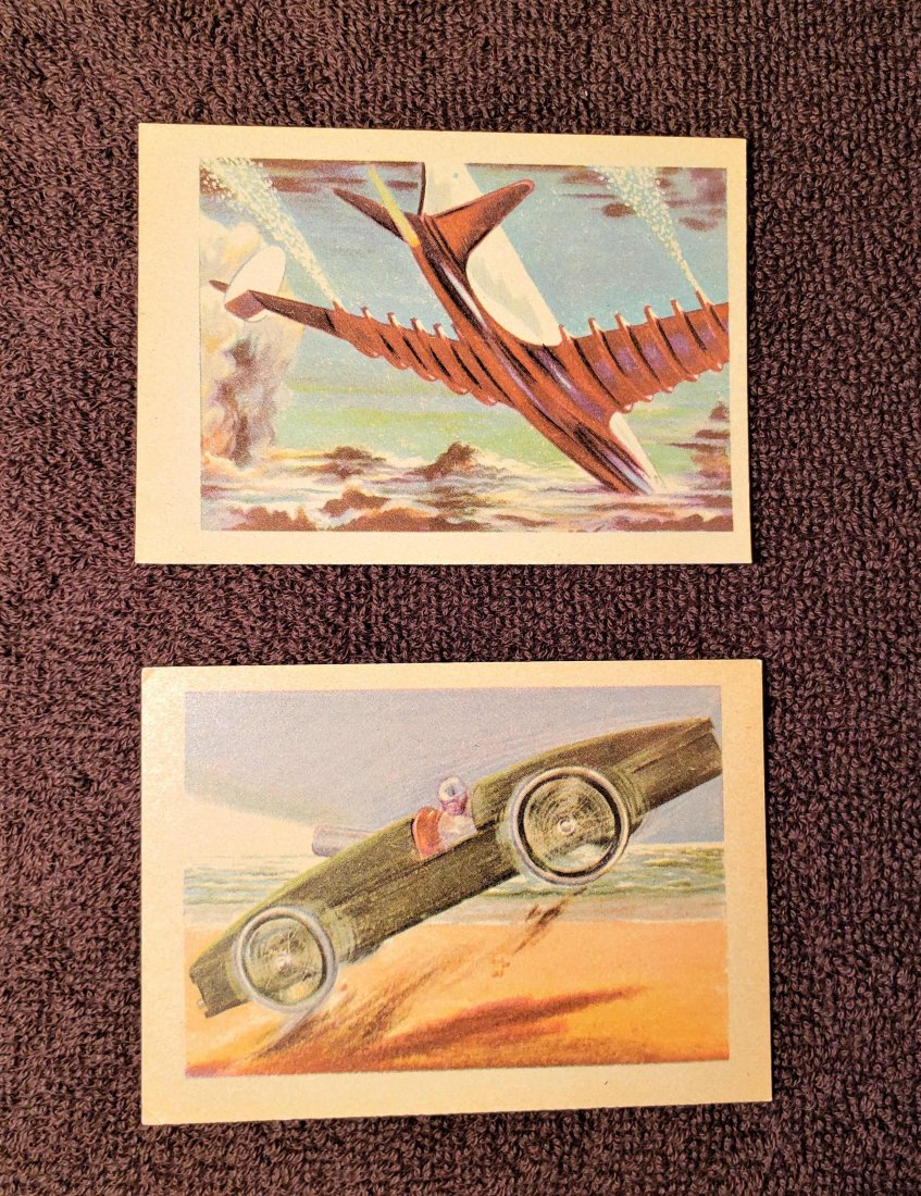 1956 ADVENTURE TRADING CARDS EXMT: THE STANLEY STEAMER #45, RAINMAKING-SCIENTIFIC MAGIC #47