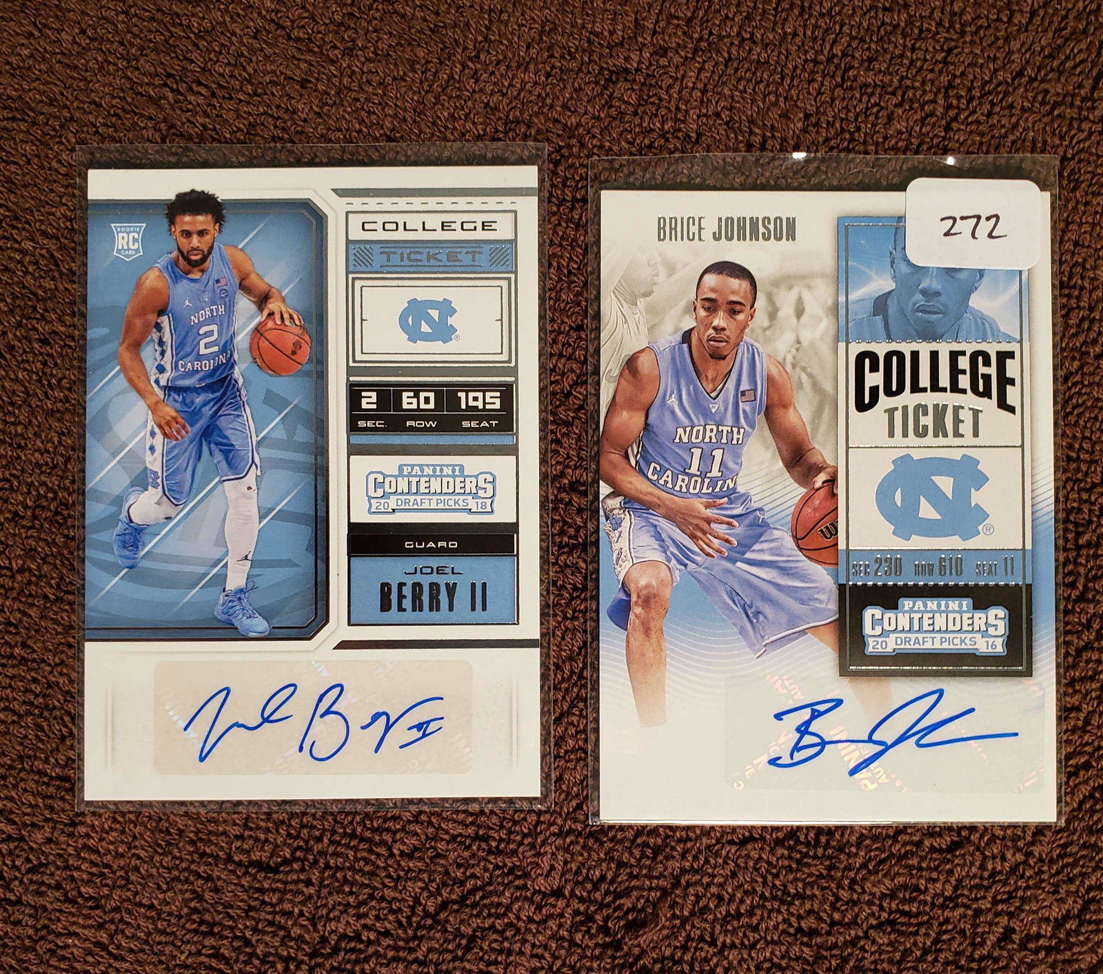 PANINI CONTENDERS UNC TAR HEELS ROOKIE BASKETBALL AUTOS: 2 CONTENDERS DRAFT PICKS TAR HEELS BRICE JOHNSON AND JOEL BERRY II SIGNATURE CARDS