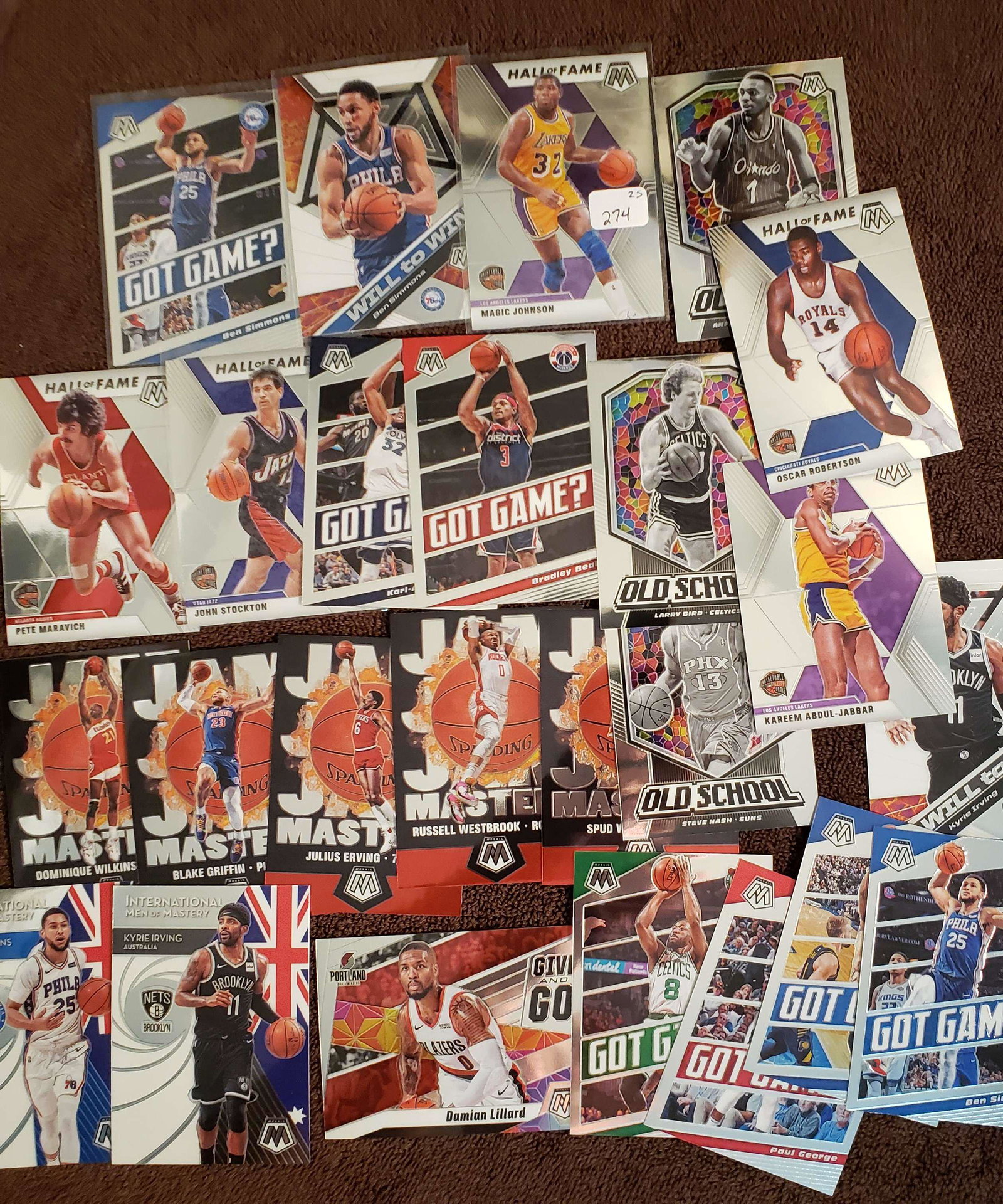 2020 MOSAIC BASKETBALL INSERTS HOF, WILL TO WIN, JAM: LOT OF 25 ASSORTED INSERT CARDS WITH STARS LEGENDS AND HOFERS MAGIC, BEN SIMMONS, JOHN STOCKTON, SPUD WEBB, DR. J
