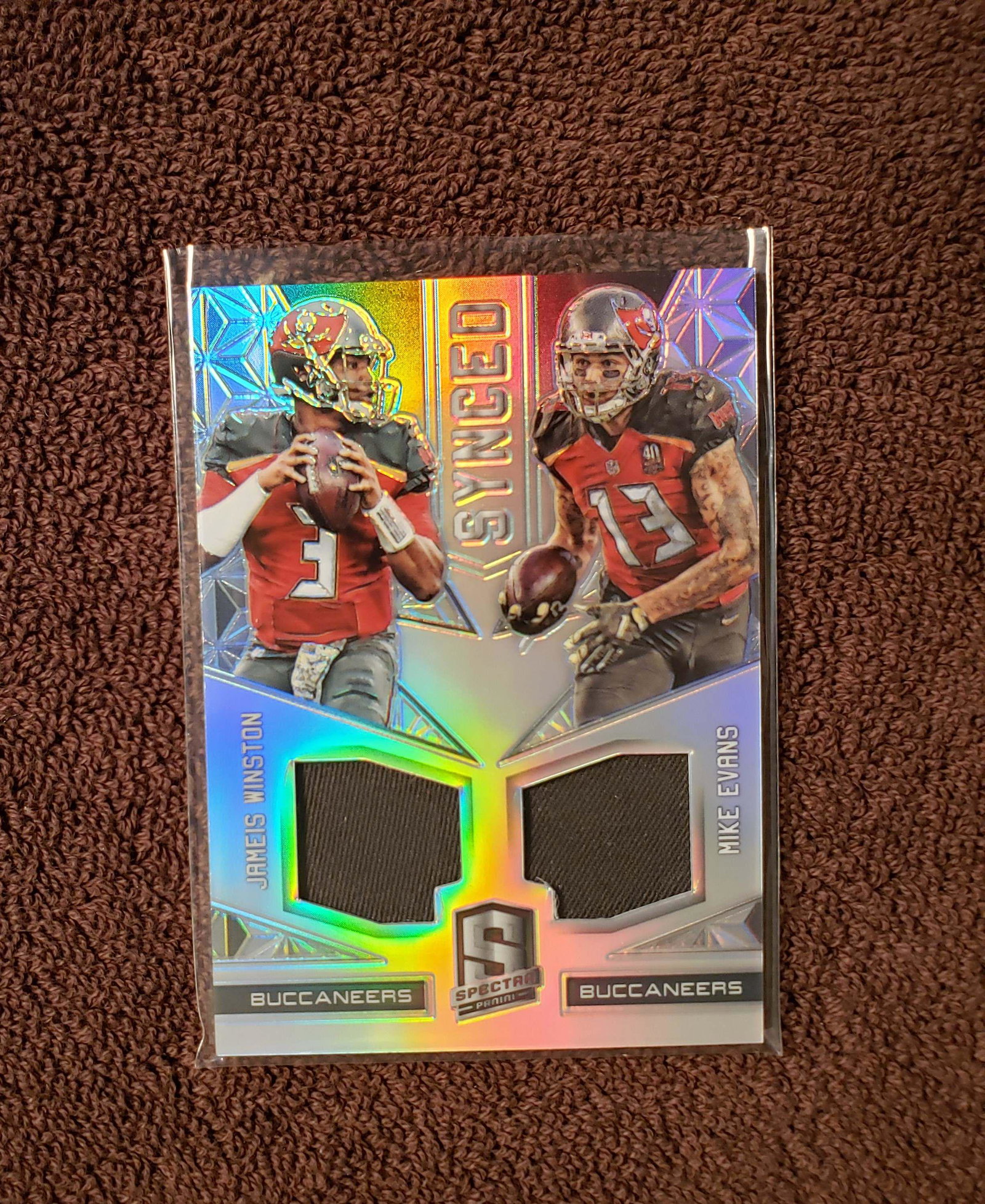 TAMPA BAY BUCCANEERS SYNCED SWATCHES DUAL PATCH CARD: PANINI SPECTRA MIKE EVANS, JAMEIS WINSTON NUMBEREDE 145/199