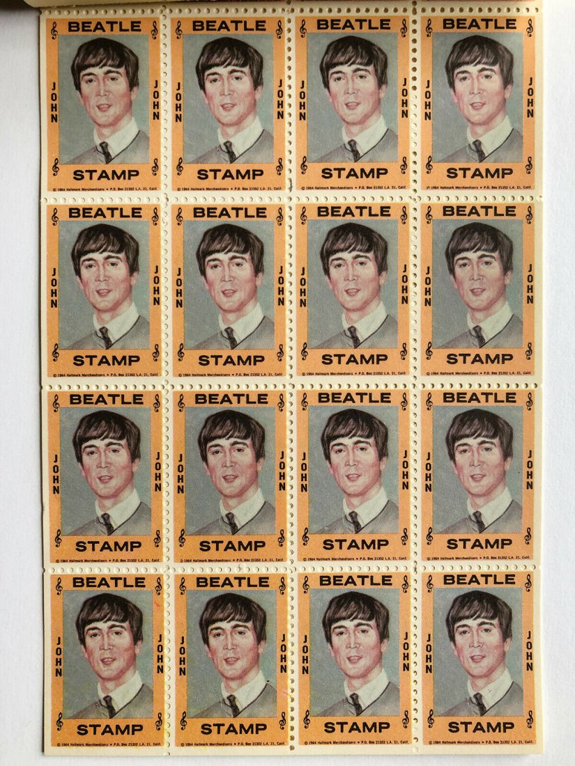 JOHN LENNON 1964 Hallmark Original Beatles Stamps: Beatles 1964 Hallmark Original Beatle Stamps JOHN LENNON Complete UNCUT SHEET MINT-25 STAMPS