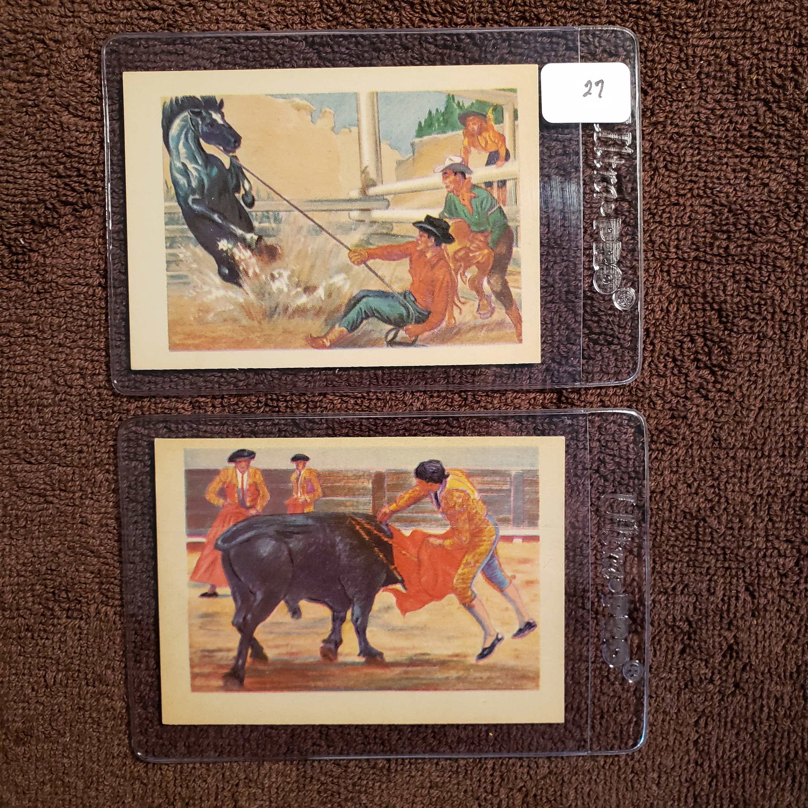 1956 ADVENTURE GUM TRADING CARDS AMAZING SHAPE: NICE FIND EXMT 1956 ADVENTURE CARDS #4 MANOLETTE-BULLFIGHTER SUPREME, #68 BREAKING A HORSE COWBOY STYLE