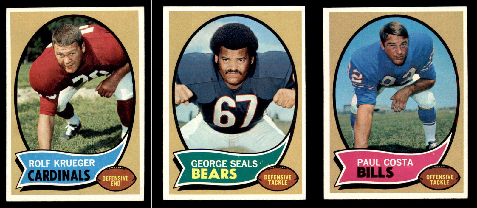 1970 Topps Football Cards EXMT CONDITION: #12 George Seals RC, #26 Rolf Krueger RC, #36 Paul Costa EXMT