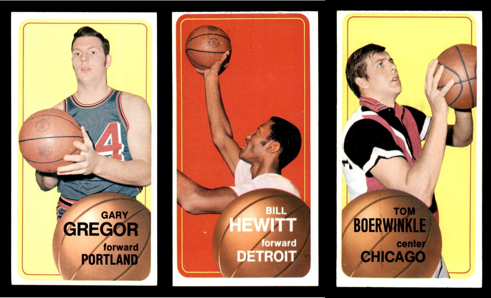 LOT OF 3 VINTAGE NBA BASKETBALL CARDS "TALL BOYS": 1970 Topps #89 Gary Gregor EXMT, #68 Tom Boerwinkle, #56 Bill Hewitt