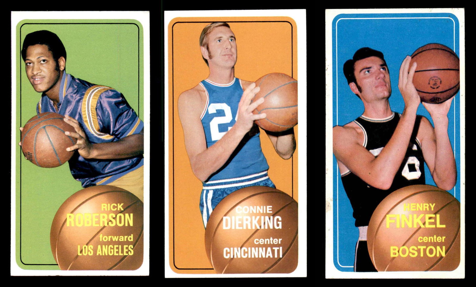 VINTAGE NBA BASKETBALL CARDS "TALL BOYS": 1970 Topps #23 Rick Roberson EXMT/EXMT+, #66 Connie Dierking, #27 Henry Finkel EXMT