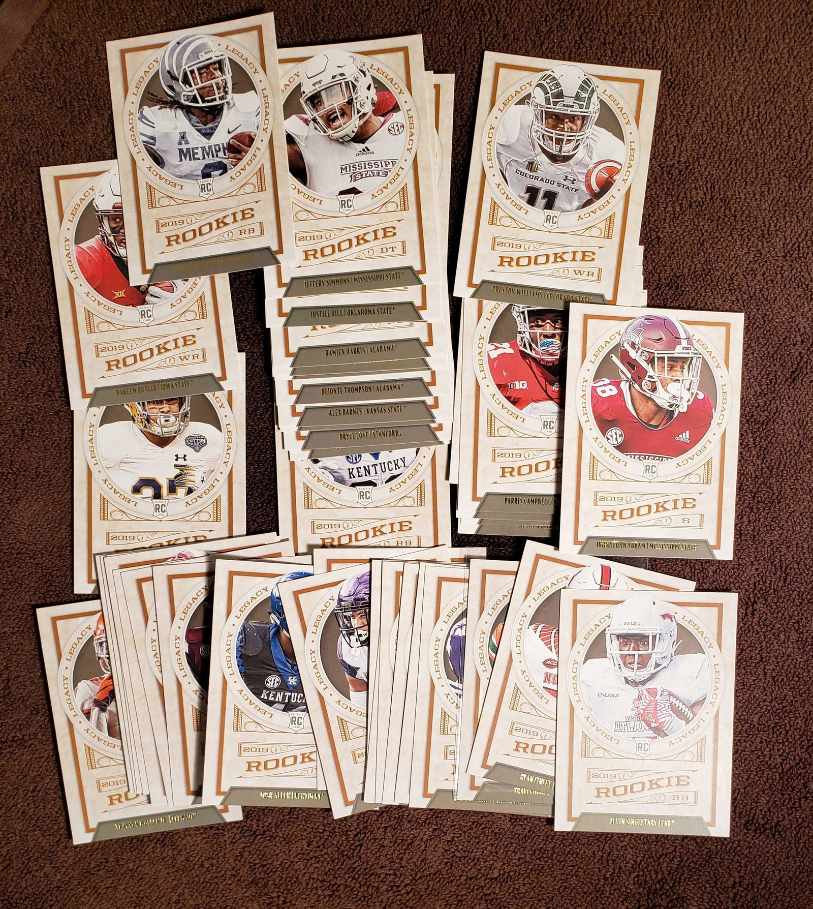 LOT OF 40 NFL ROOKIE FOOTBALL CARDS: DEEBO SAMUEL, LIL JORDAN HUMPHRIES, PARRIS CAMPBELL INCUDED IN THIS 40 COUNT ROOKIE LOT FROM THE 2019 PANINI-LEGACY FOOTBALL SERIES