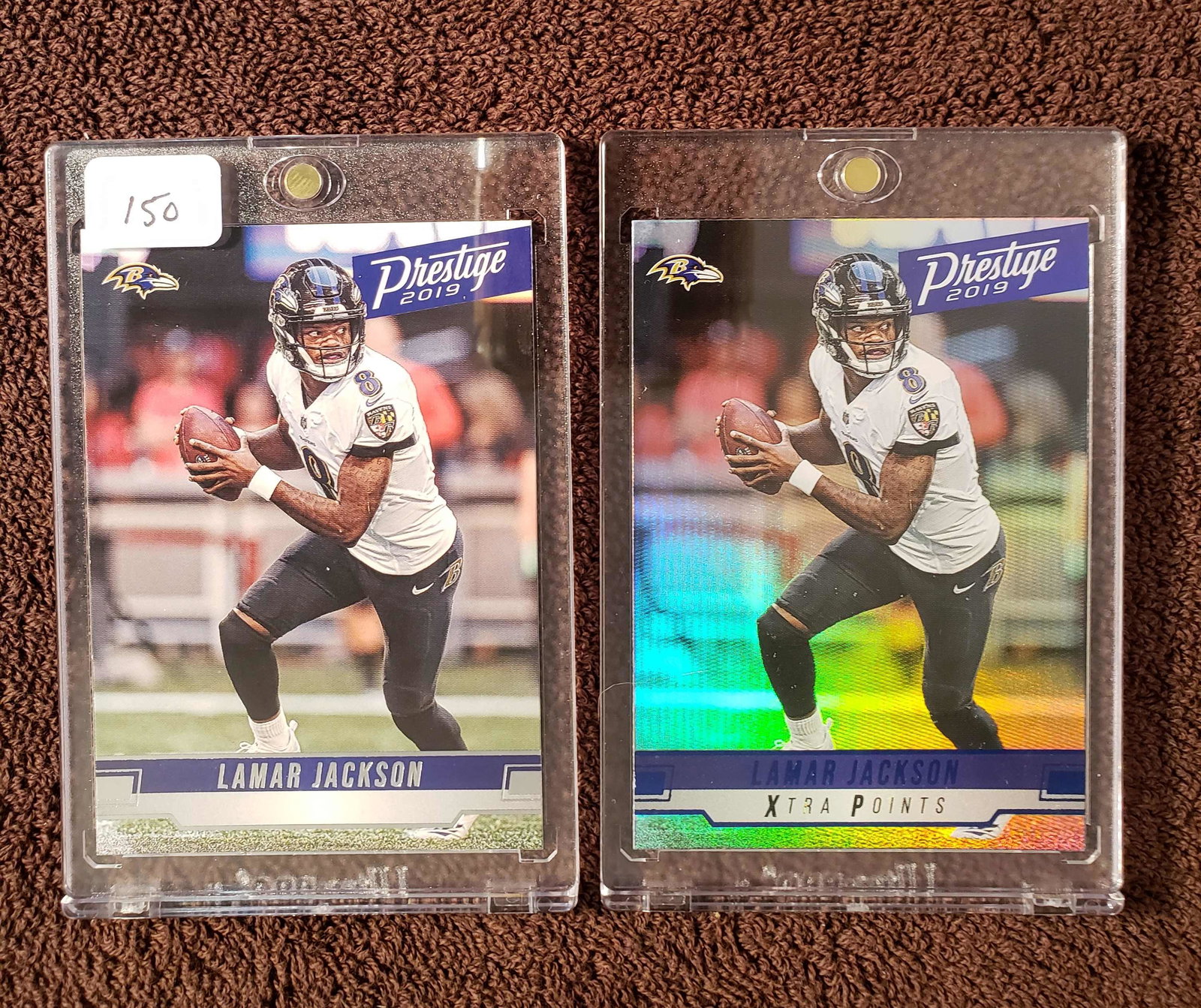 2019 PRESTIGE LAMAR JACKSON #181 WITH BLUE FOIL HOLO: LAMAR JACKSON HOLO FOIL PARALLEL AND BASE CARD IN ULTRA PRO ONE TOUCH HOLDERS