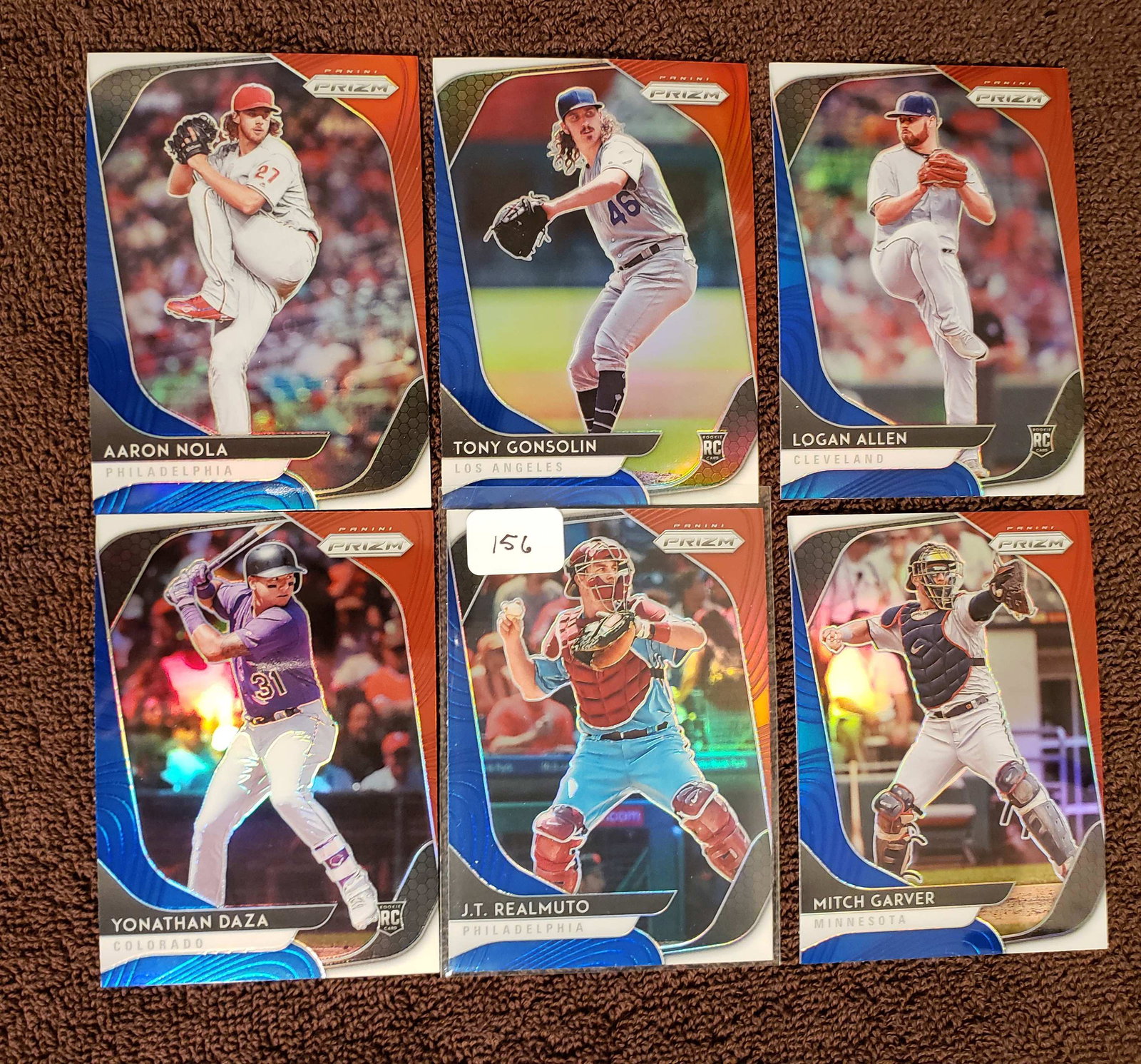 2020 PANINI PRIZM BASEBALL RED WHITE BLUE PRIZMS WITH: TONY GONSOLIN LA DODGERS ROOKIE CARD, AARON NOLA, YONATHAN DAZA ROOKIE, LOGAN ALLEN RC