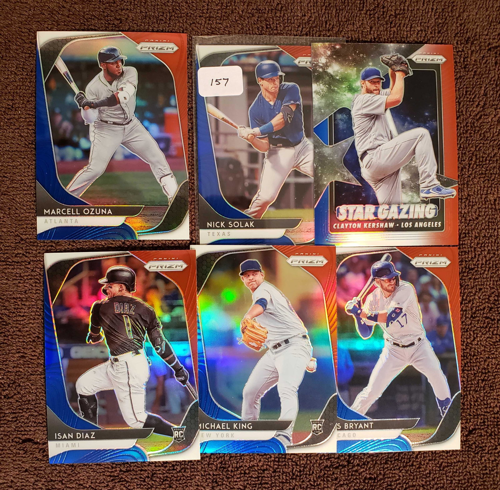 2021 PANINI PRIZM BASEBALL RED WHITE BLUE PRIZMS WITH: NICK SOLAK TEXAS RANGERS ROOKIE, ISAN DIAZ MIAMI MARLINS RC, KRIS BRYANT