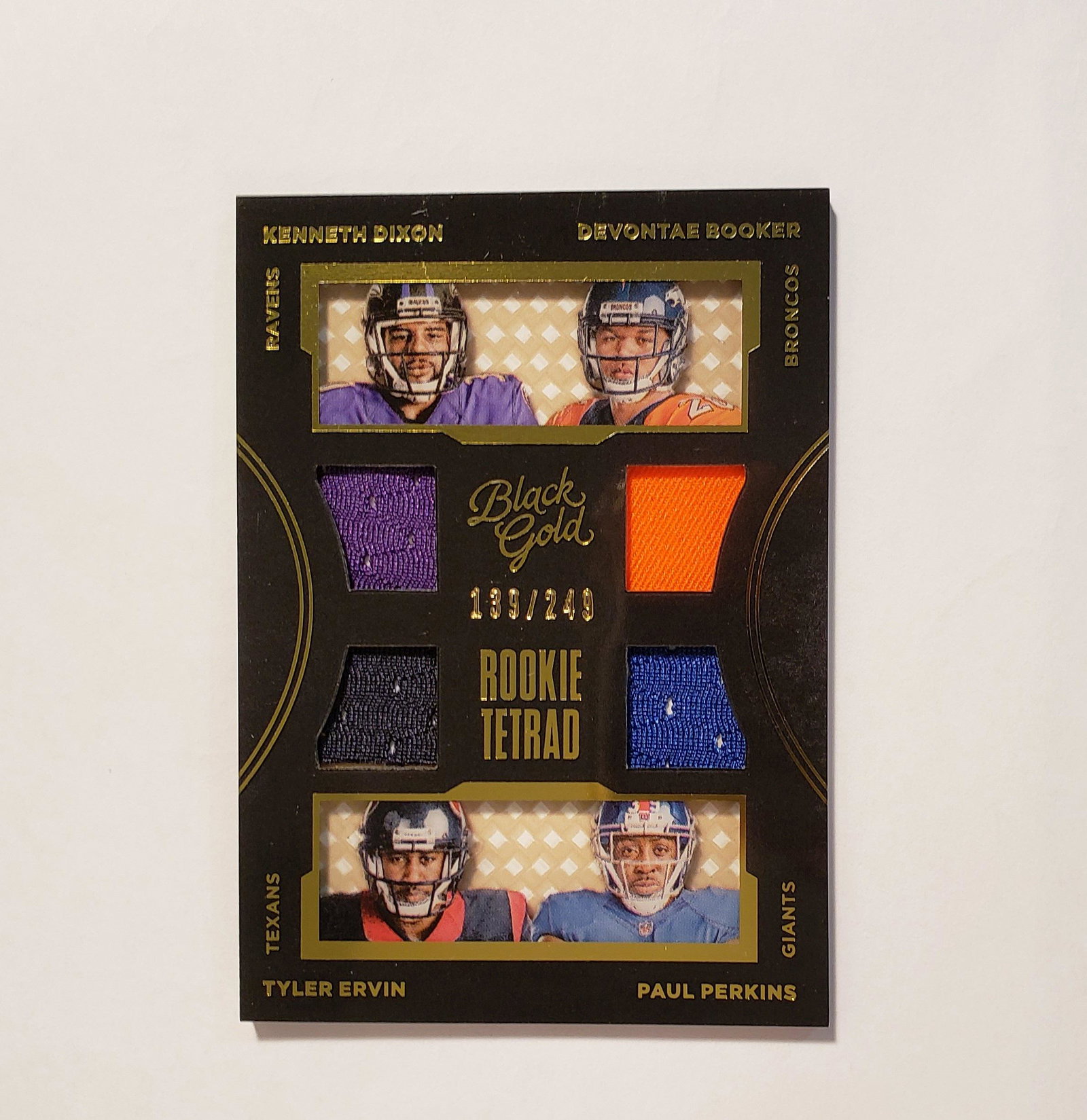 PANINI BLACK GOLD ROOKIE QUAD RELIC NUMBERED 133/249: ROOKIE JERSEY CARD WITH 4 DIFFERENT ROOKIE JERSEY SWATCHES
