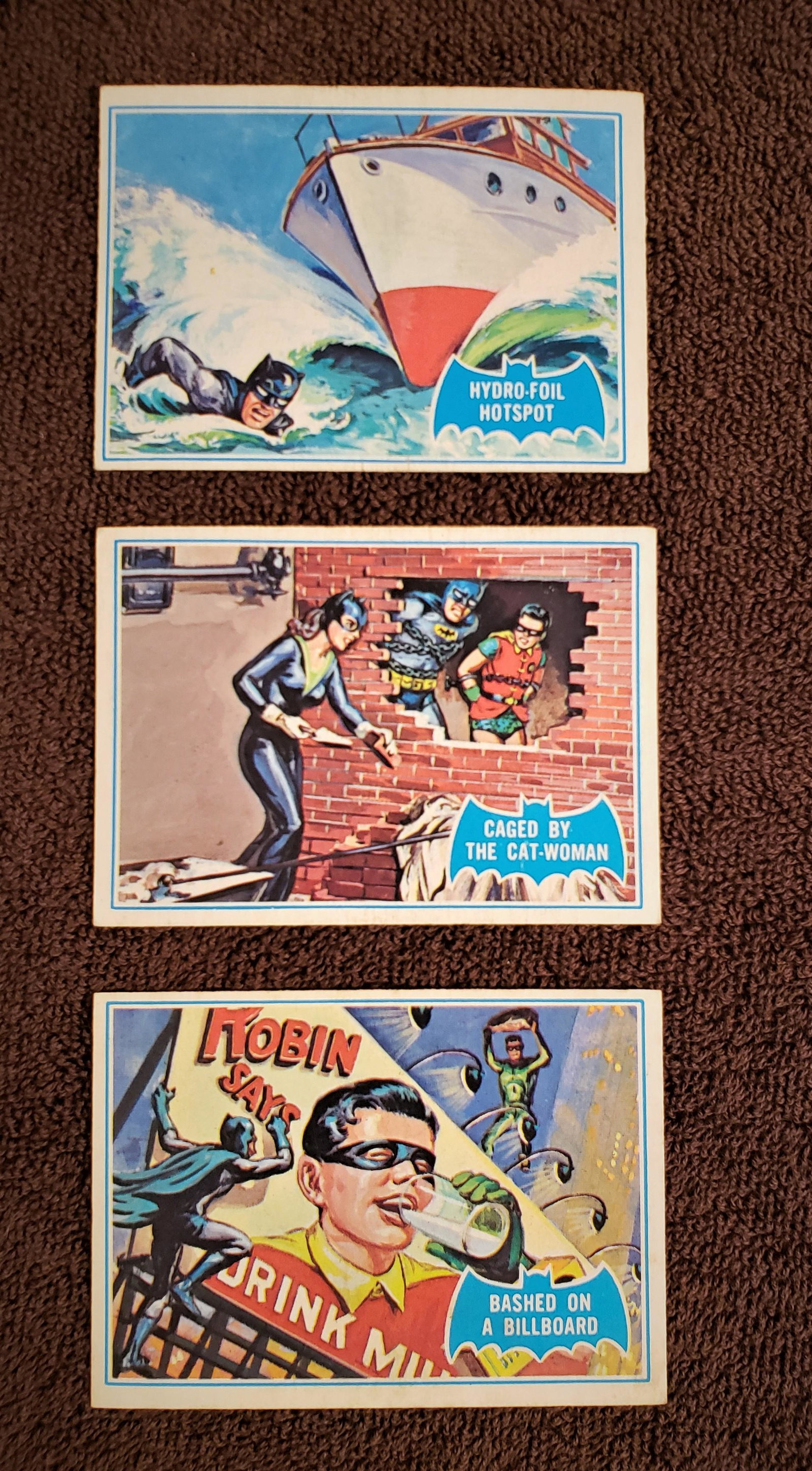 1966 BATMAN BLUE BAT SERIES B TRADING CARDS EX+: 3B HYDRO FOIL HOT SPOT, 5B BASHED ON A BILLBOARD, 9B CAGED BY THE CATWOMAN