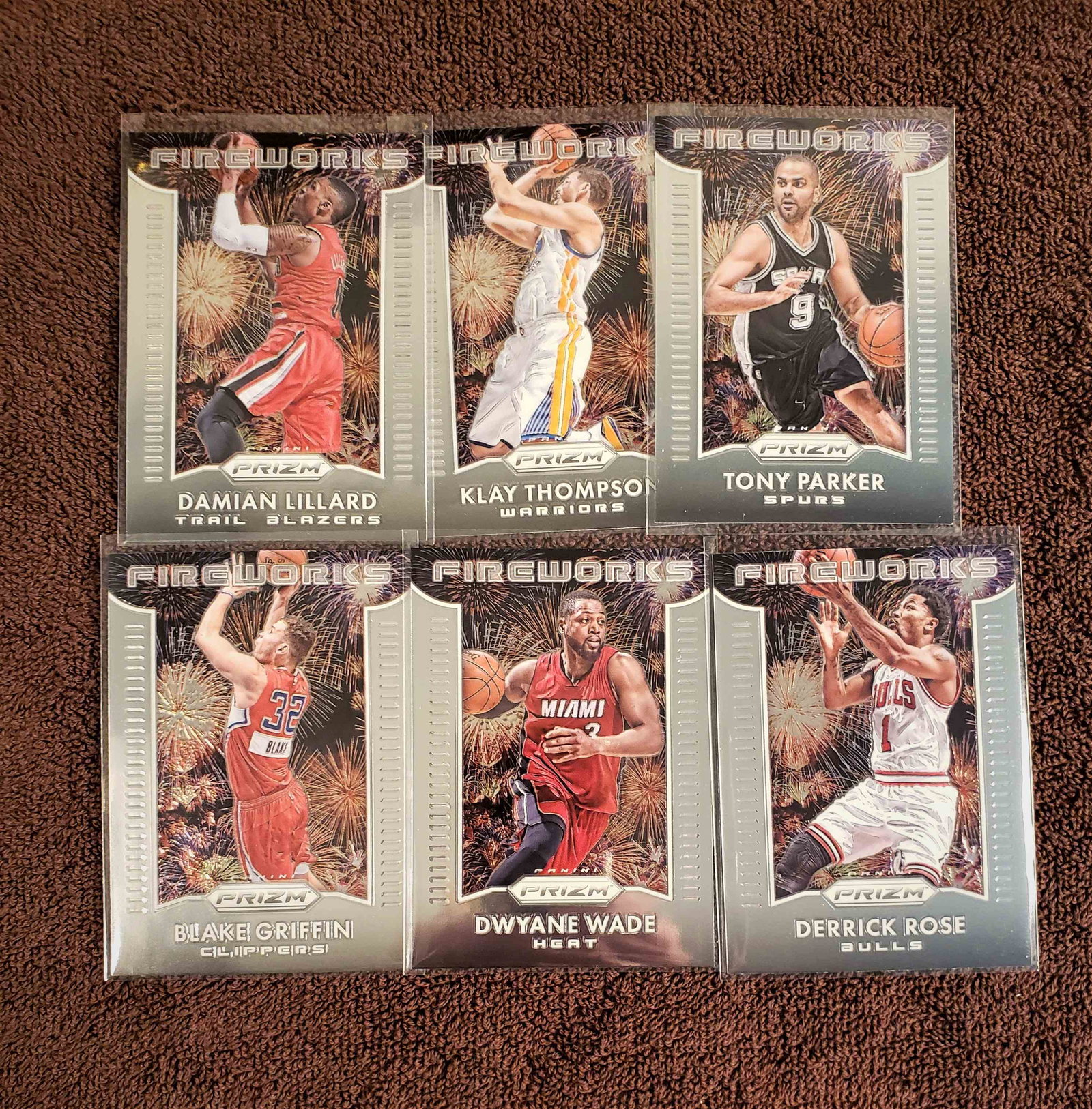 2015-2016 PANINI PRIZM BASKETBALL FIREWORKS INSERT: DWAYNE WADE,TONY PARKER, DAME LILLARD, KLAY THOMPSON