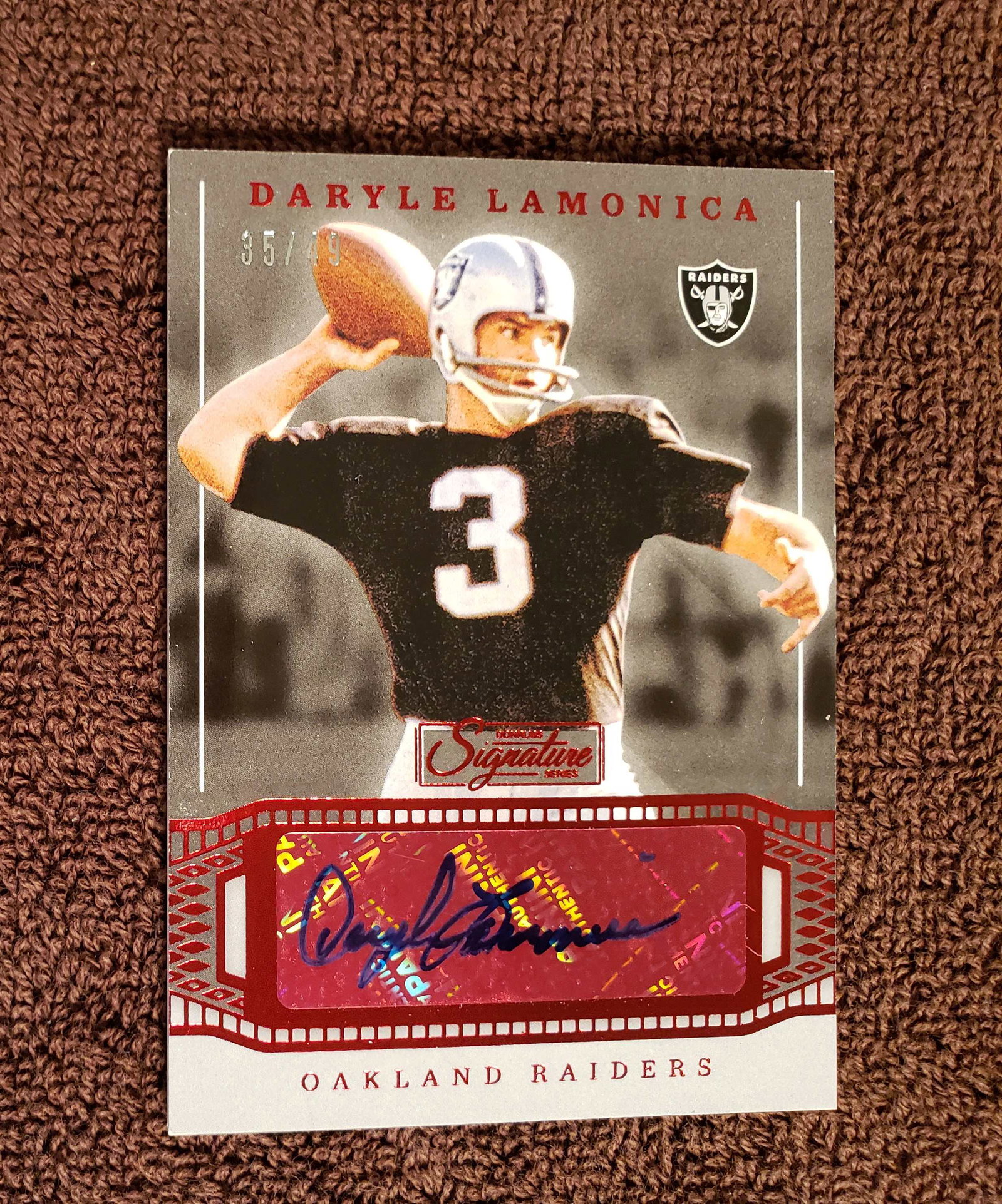 DARYLE LAMONICA RAIDERS SIGNATURE SERIES AUTO: DARYLE LAMONICA SHORT PRINT RED FOIL AUTOGRAPH SERIAL NUMBERED TO 49