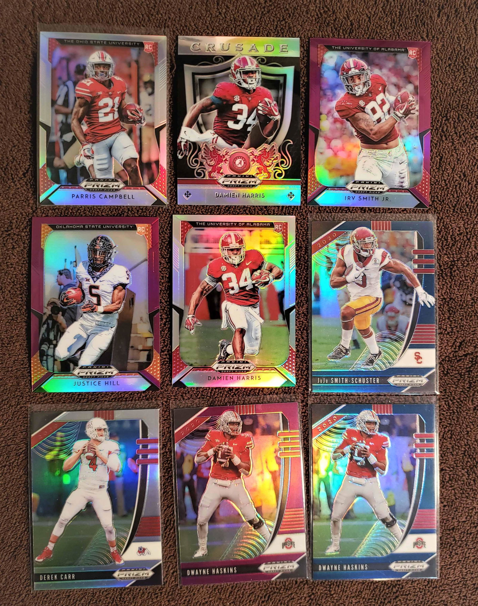 PANINI PRIZM DRAFT PRIZM PARALLELS: 2020 DAVID CARR SILVER, 2020 DWAYNE HASKINS BLUE/PURPLE, JUJU SMITH SCHUSTER BLUE, DAMIEN HARRIS CRUSADE