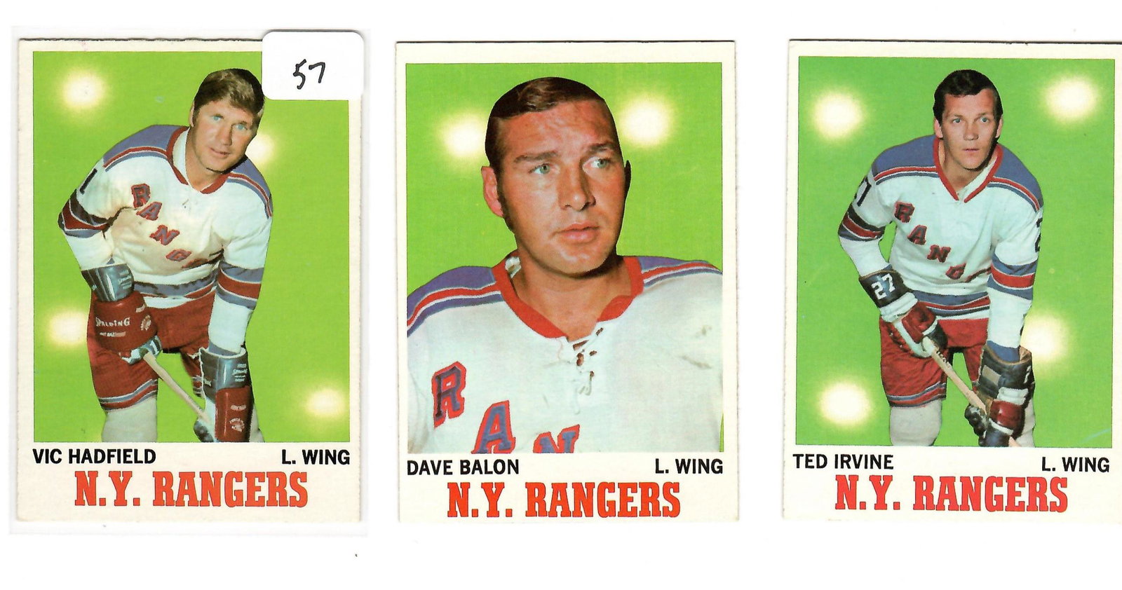 VINTAGE 1970 TOPPS HOCKEY CARDS: VIC HADFIELD, DAVE BALON, AND TED IRVINE N.Y. RANGERS