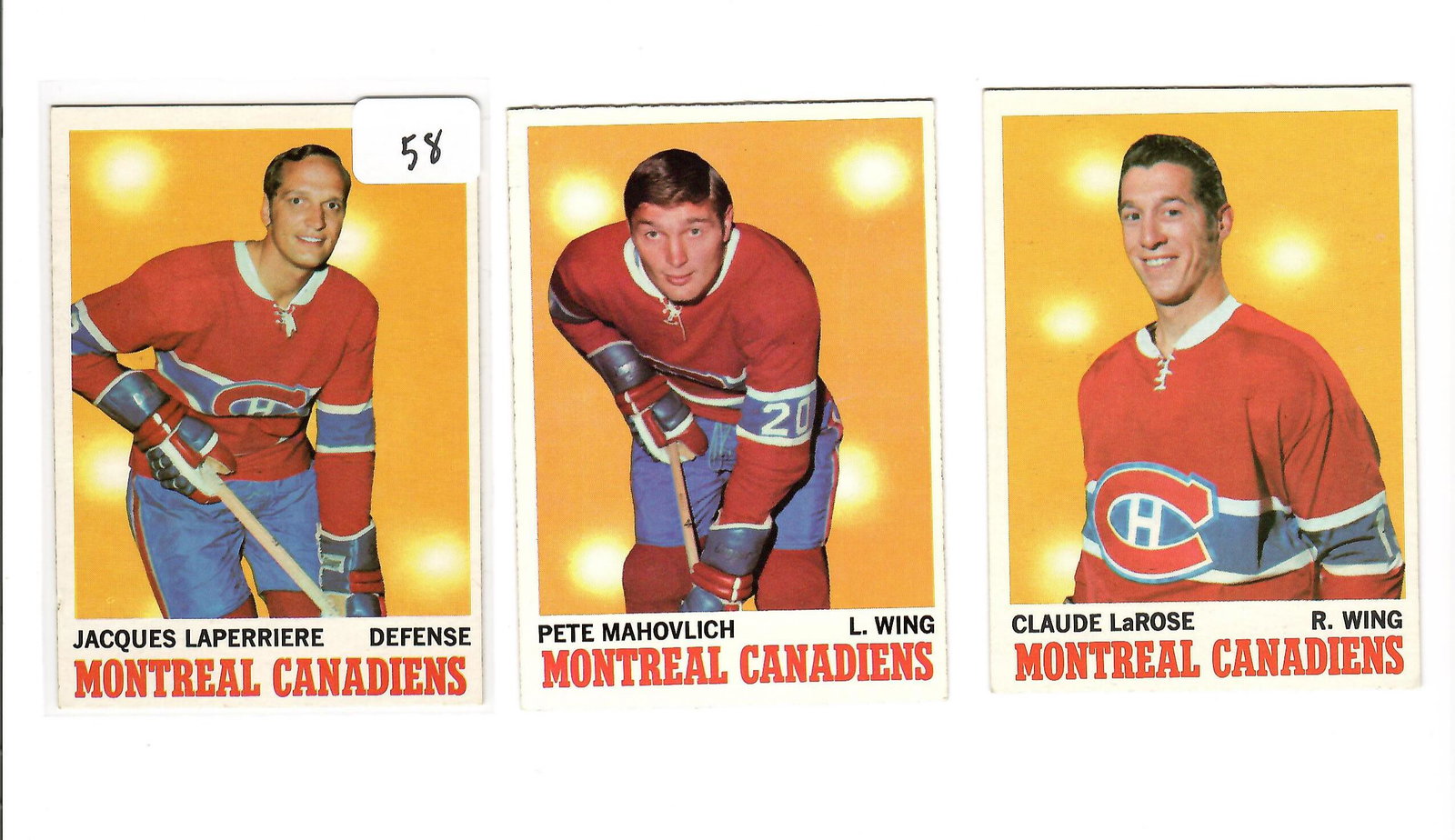 VINTAGE 1970 TOPPS HOCKEY CARDS: JAQUES LAPERRIERE, PETE MAHOVLICH, CLAUDE LaROSE MONTREAL CANADIENS